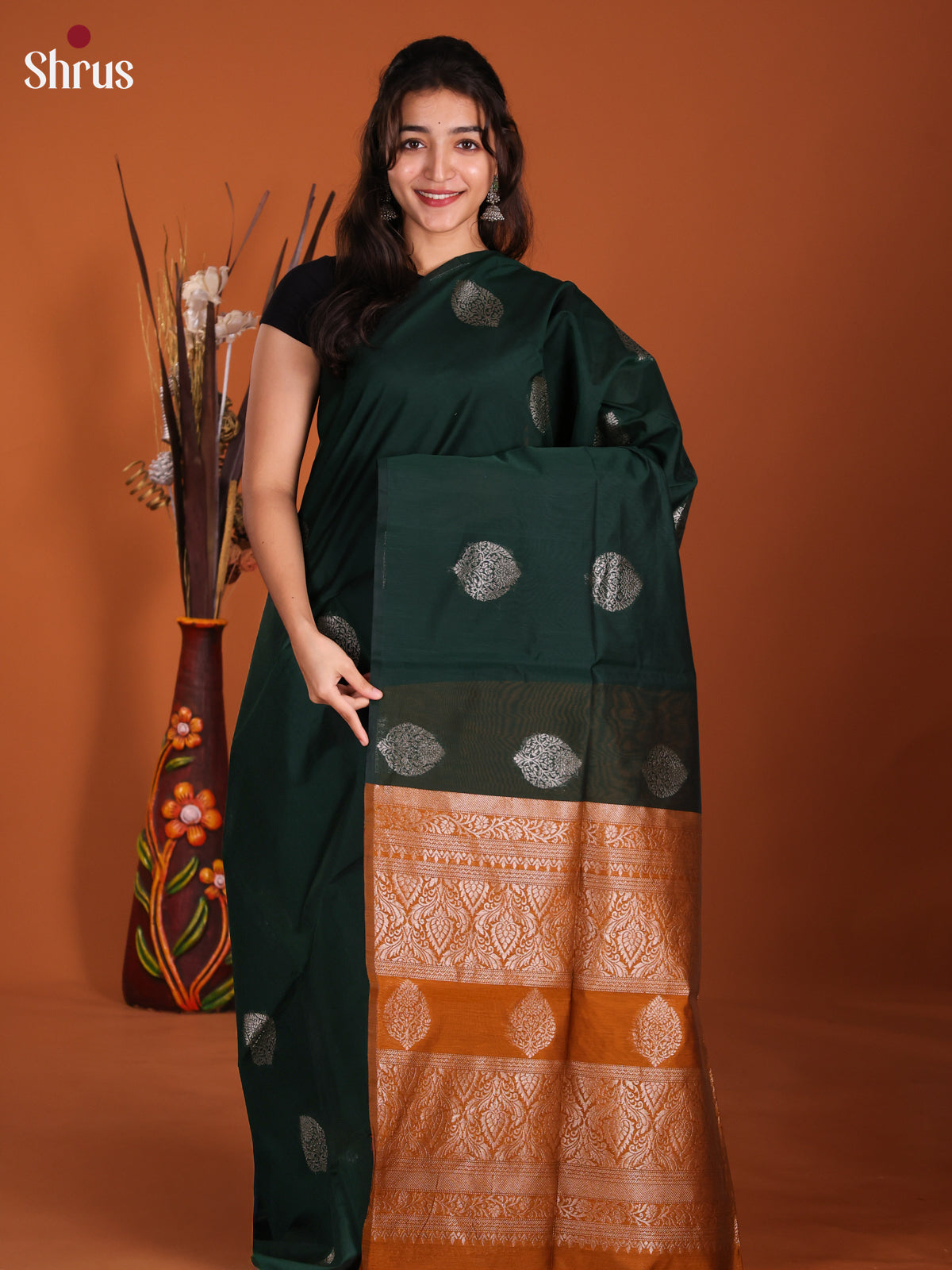 Dark Green & Mustard -DKS26551 - Semi Silkcotton Saree - Shop on Shrus.com
