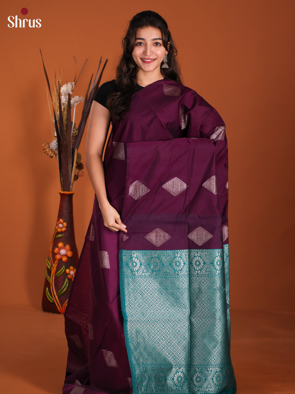 Purple & Green  - Semi Silkcotton Saree-DKS26552 - Shop on Shrus.com