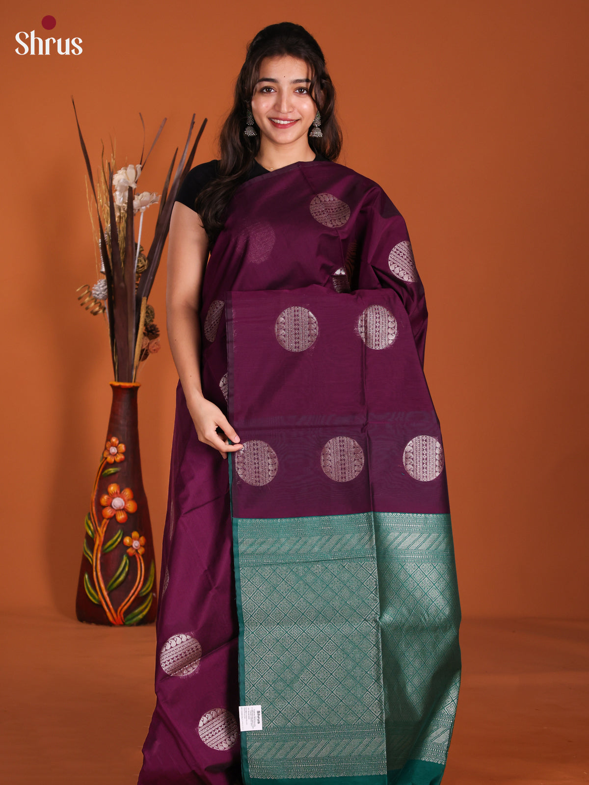Violet & Green  - Semi Silkcotton Saree-DKS26555 - Shop on Shrus.com
