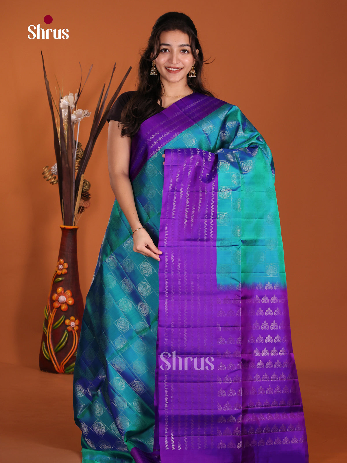 Elegant Blue & Purple Soft Silk  Saree with zari checks & peacock motifs - Shop on Shrus.com