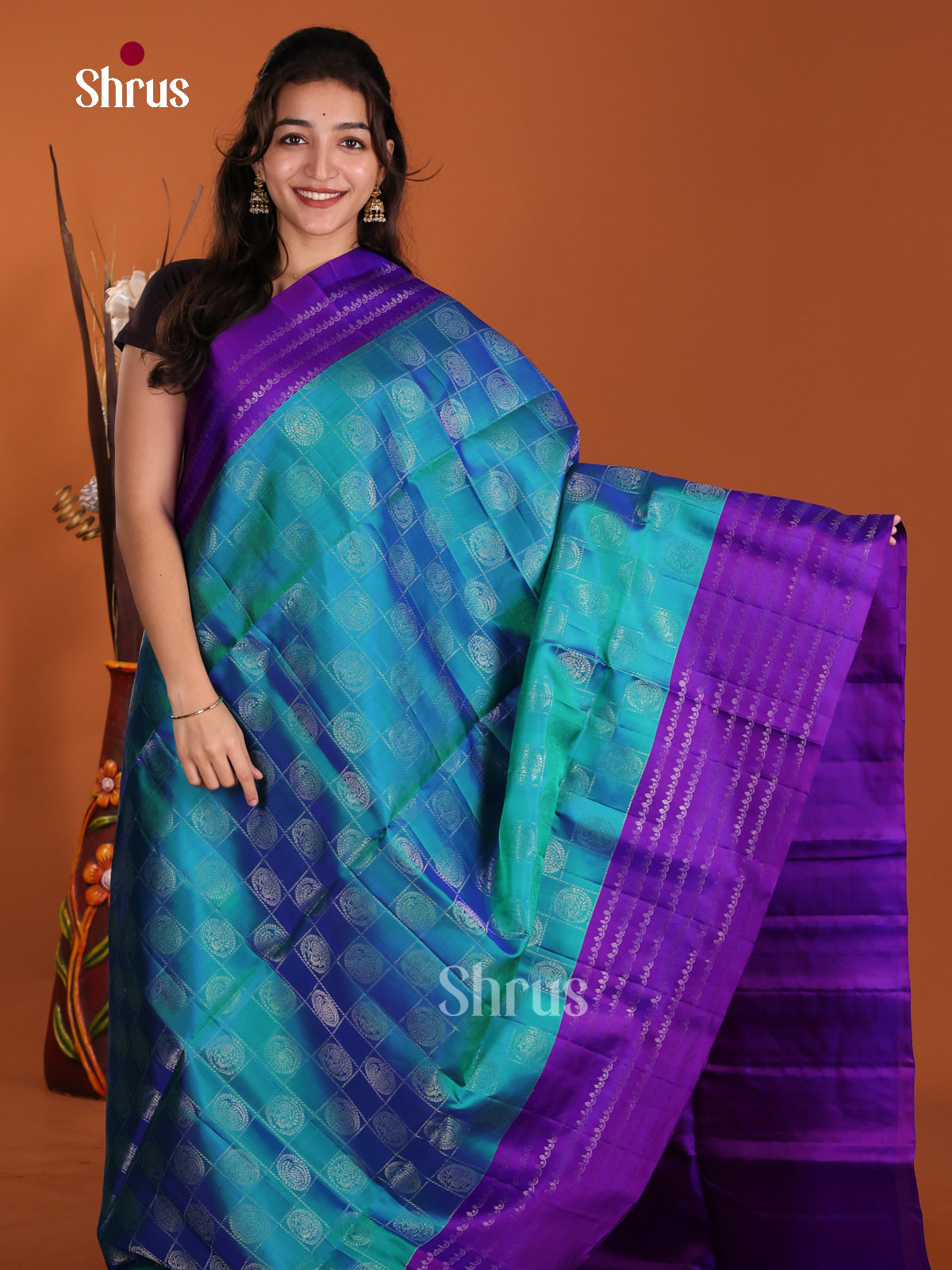 Elegant Blue & Purple Soft Silk  Saree with zari checks & peacock motifs - Shop on Shrus.com