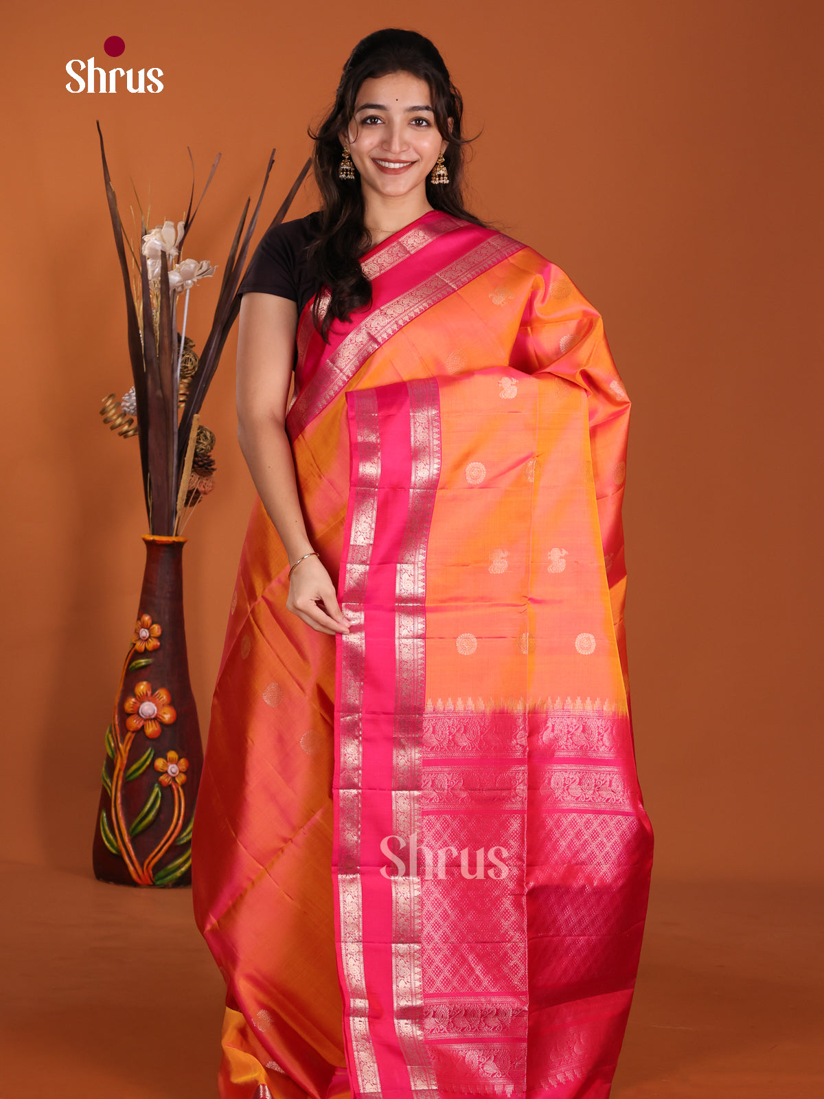 Radiant Orange & Pink Soft Silk  Saree with zari peacock , floral buttas - Shop on Shrus.com