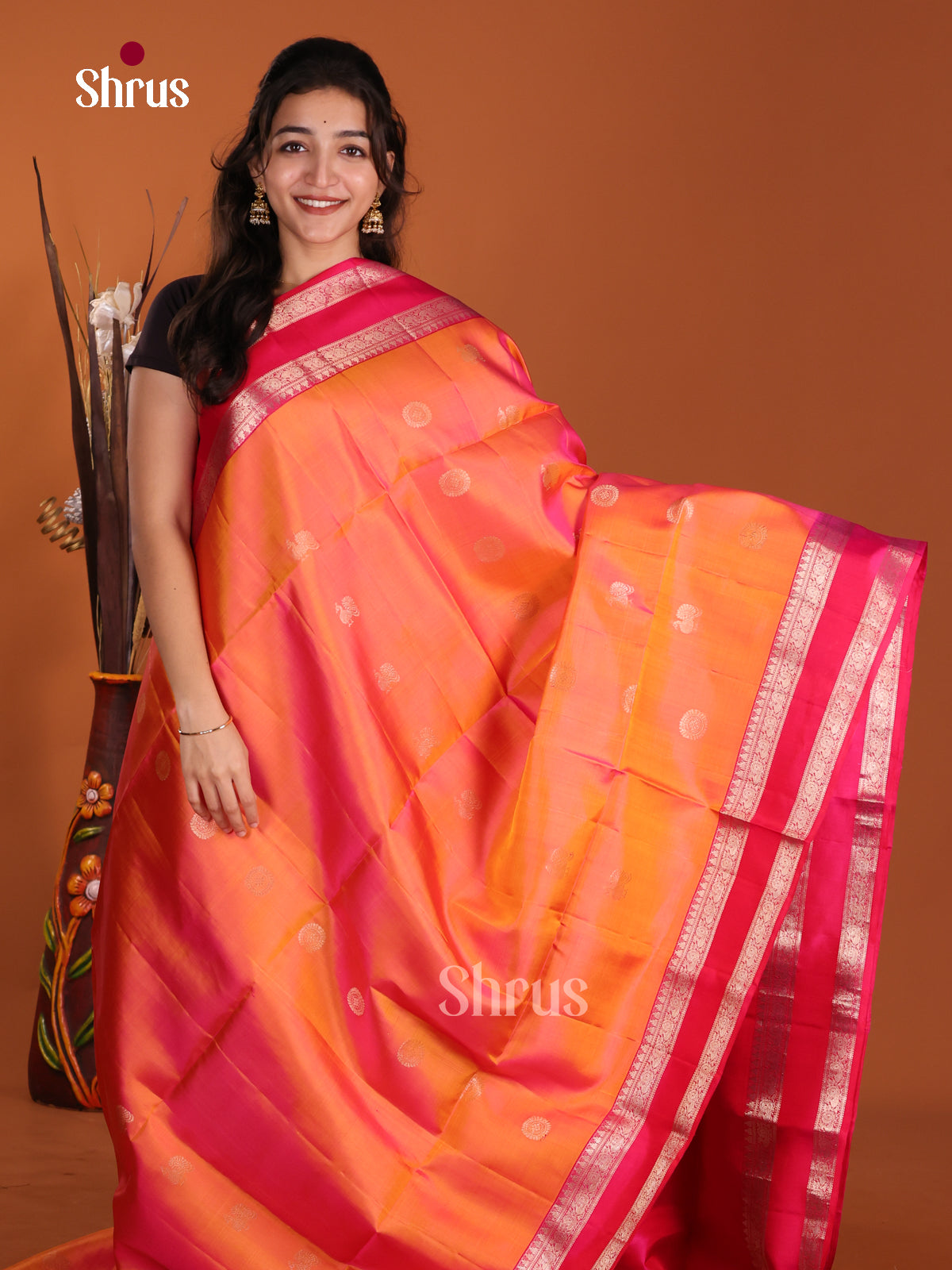 Radiant Orange & Pink Soft Silk  Saree with zari peacock , floral buttas - Shop on Shrus.com