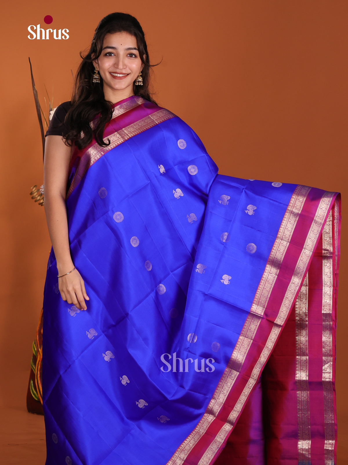 Vibrant Blue & Purple Soft Silk  Saree with zari peacock , floral buttas & Rettaipet border