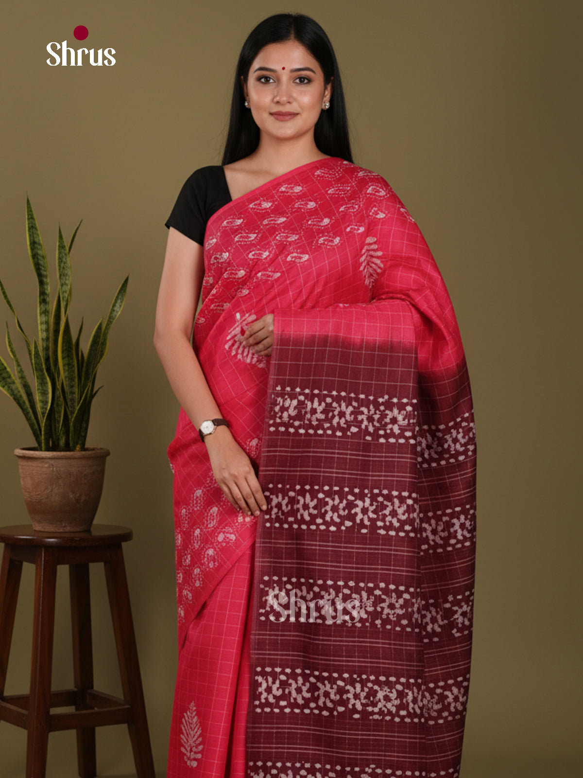 Pink  & Maroon - Bhatik Saree
