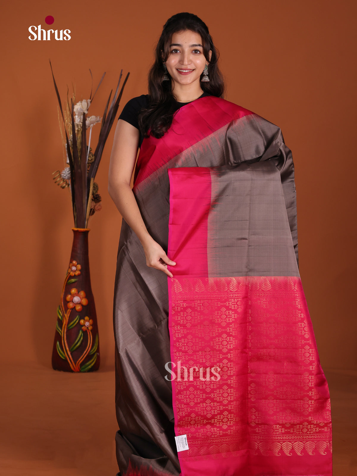 Timeless Grey & Pink  Soft Silk  Saree with floral brocade pallu - Shop on Shrus.com