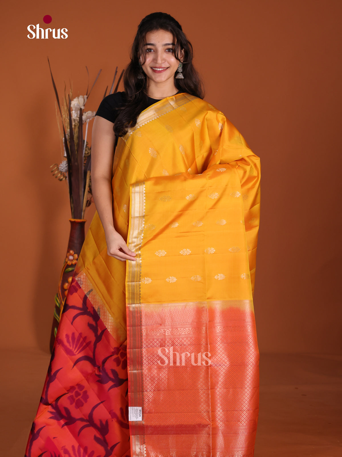Glorious Mustard & Orange half & Half Soft Silk  Saree with zari floral buttas - Shop on Shrus.com