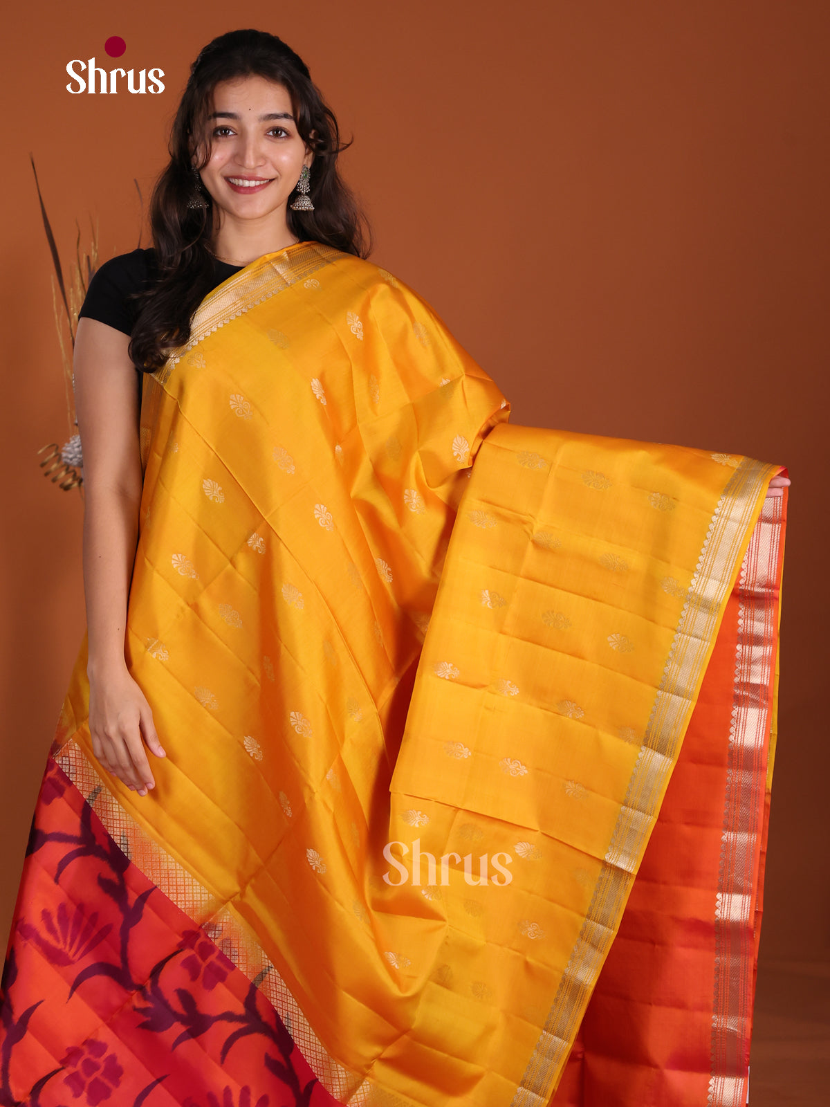 Glorious Mustard & Orange half & Half Soft Silk  Saree with zari floral buttas - Shop on Shrus.com