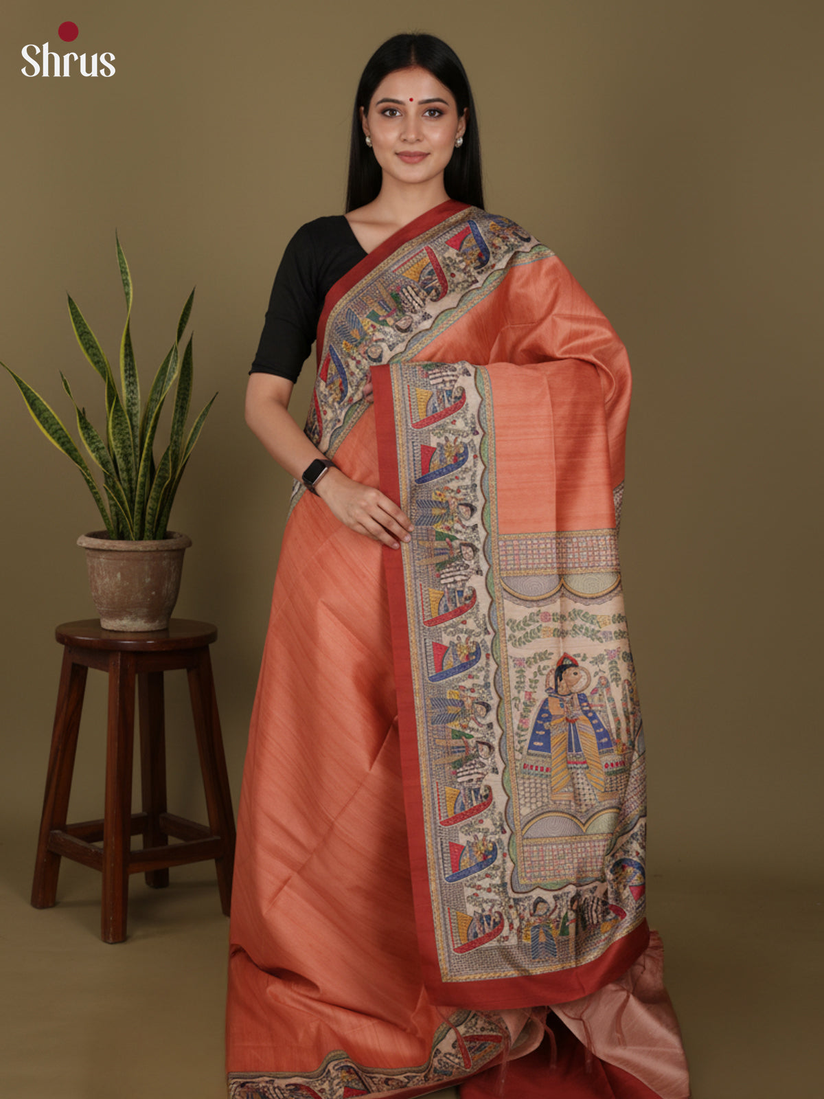 Brick & Cream- Printed Madhubani Saree - Shop on Shrus.com