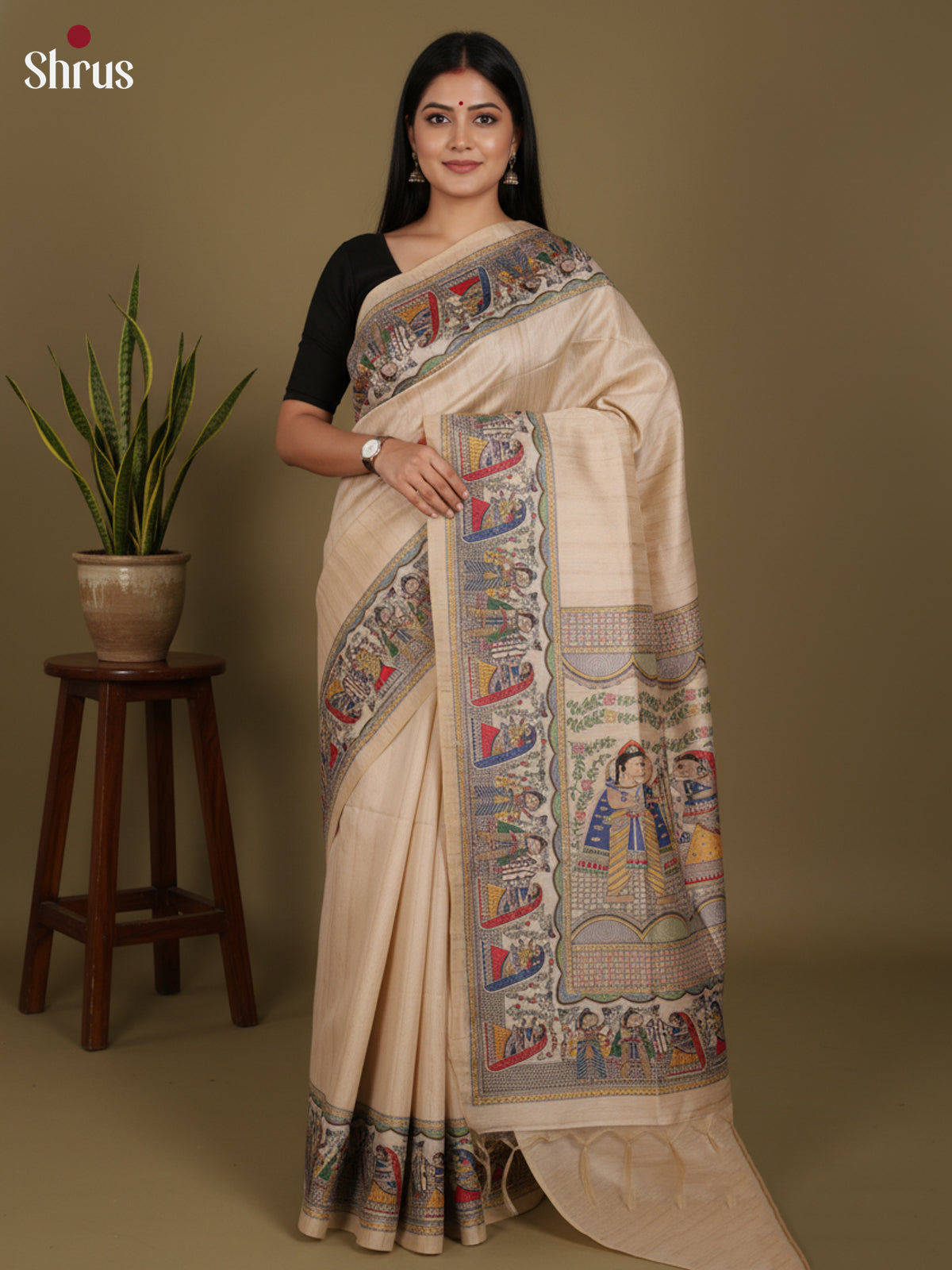 Cream - Printed Madhubani Saree - Shop on Shrus.com