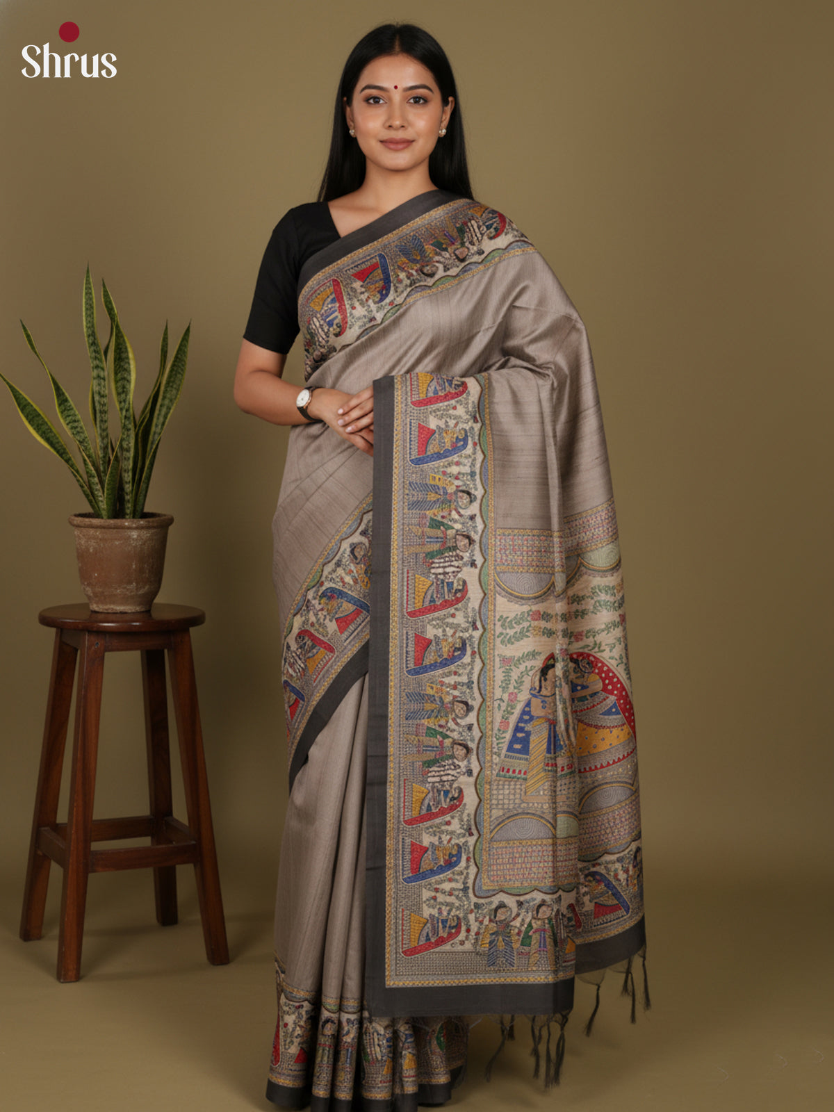 Grey- Printed Madhubani Saree - Shop on Shrus.com