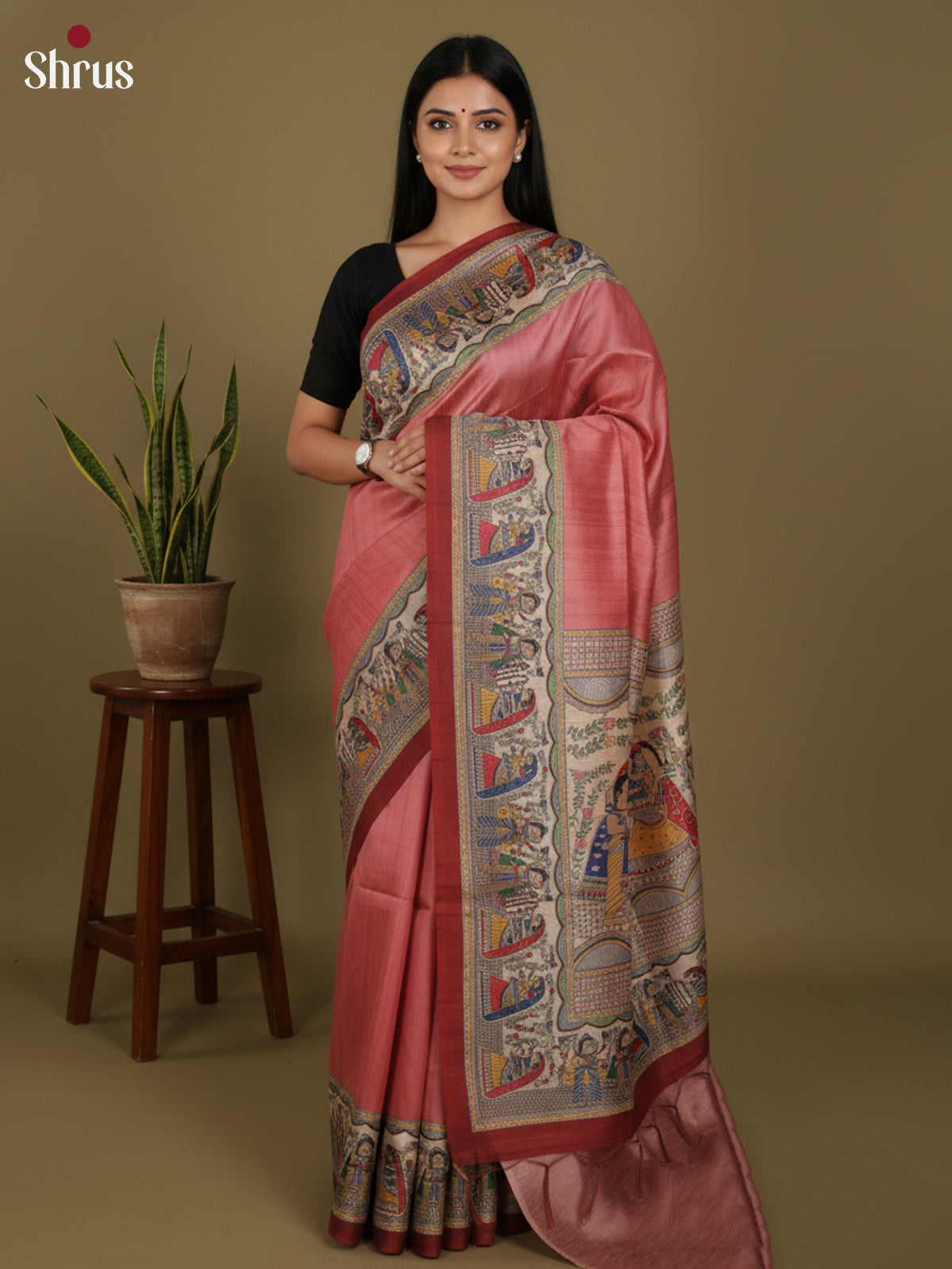Pink & Maroon - Printed Madhubani Saree - Shop on Shrus.com
