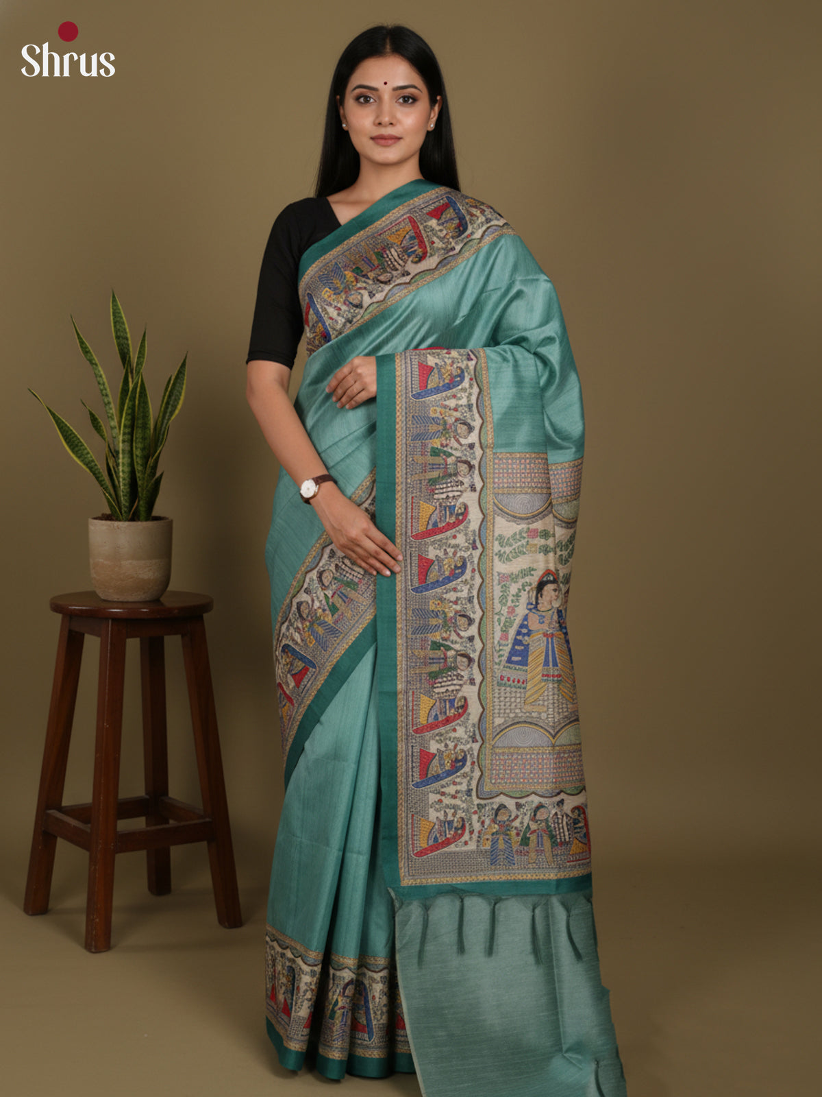 Blue & Cream- Printed Madhubani Saree - Shop on Shrus.com