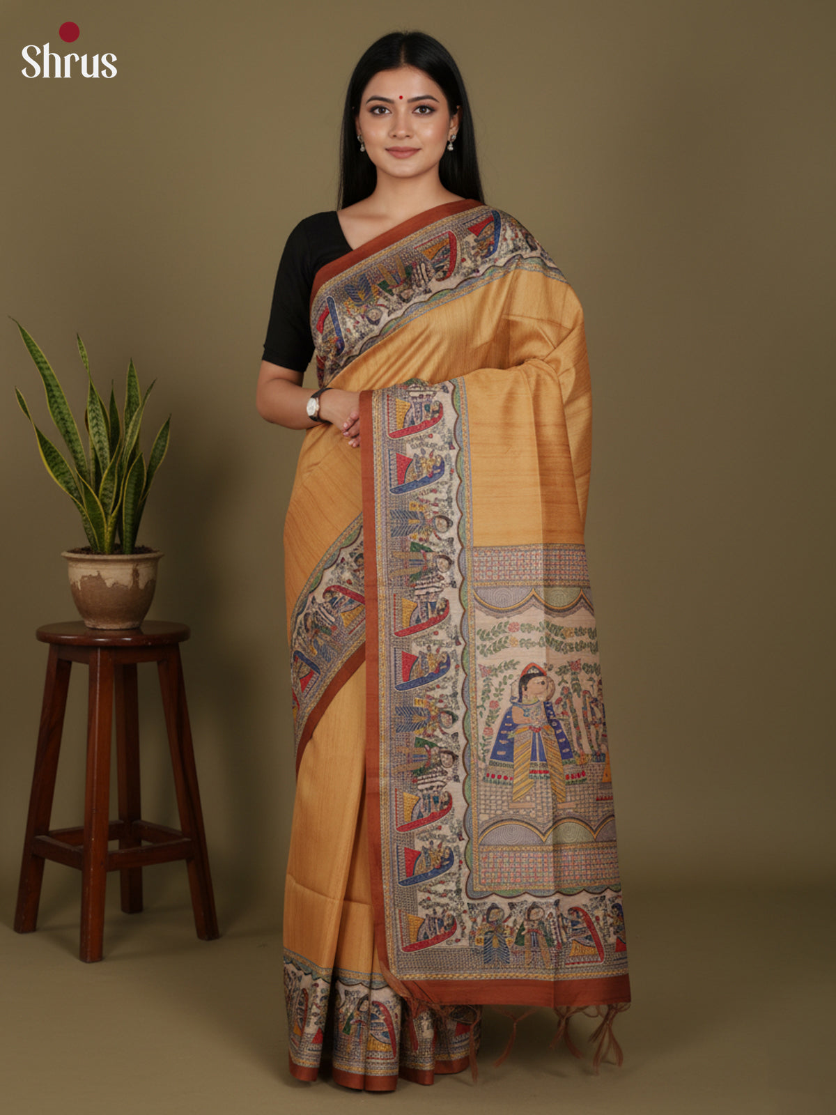 Dark Mustard & Brown - Printed Madhubani Saree - Shop on Shrus.com