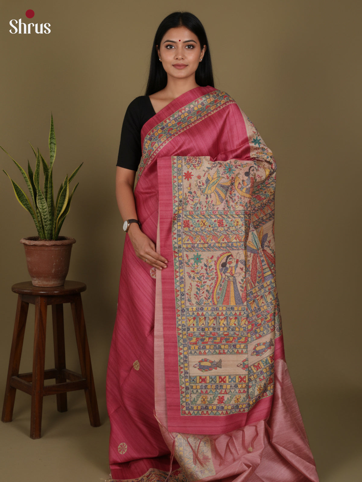 Pink & Cream  - Printed Madhubani Saree - Shop on Shrus.com