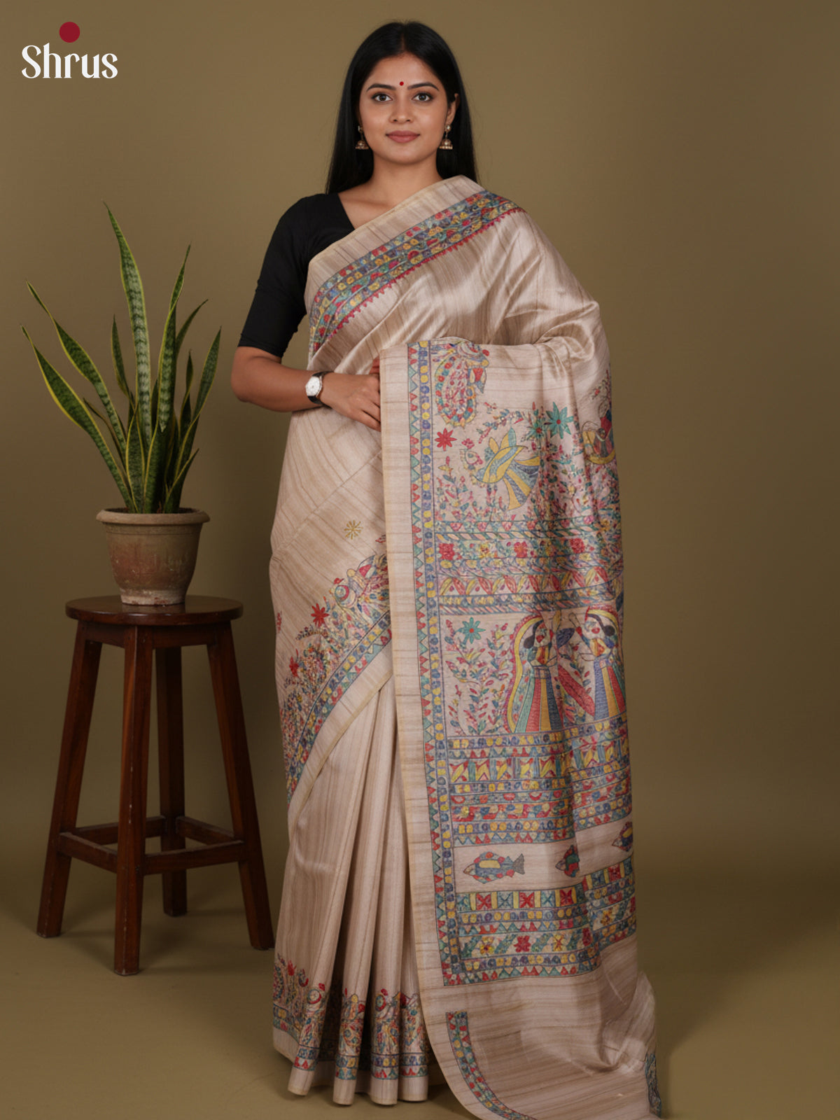 grey - Printed Madhubani Saree - Shop on Shrus.com