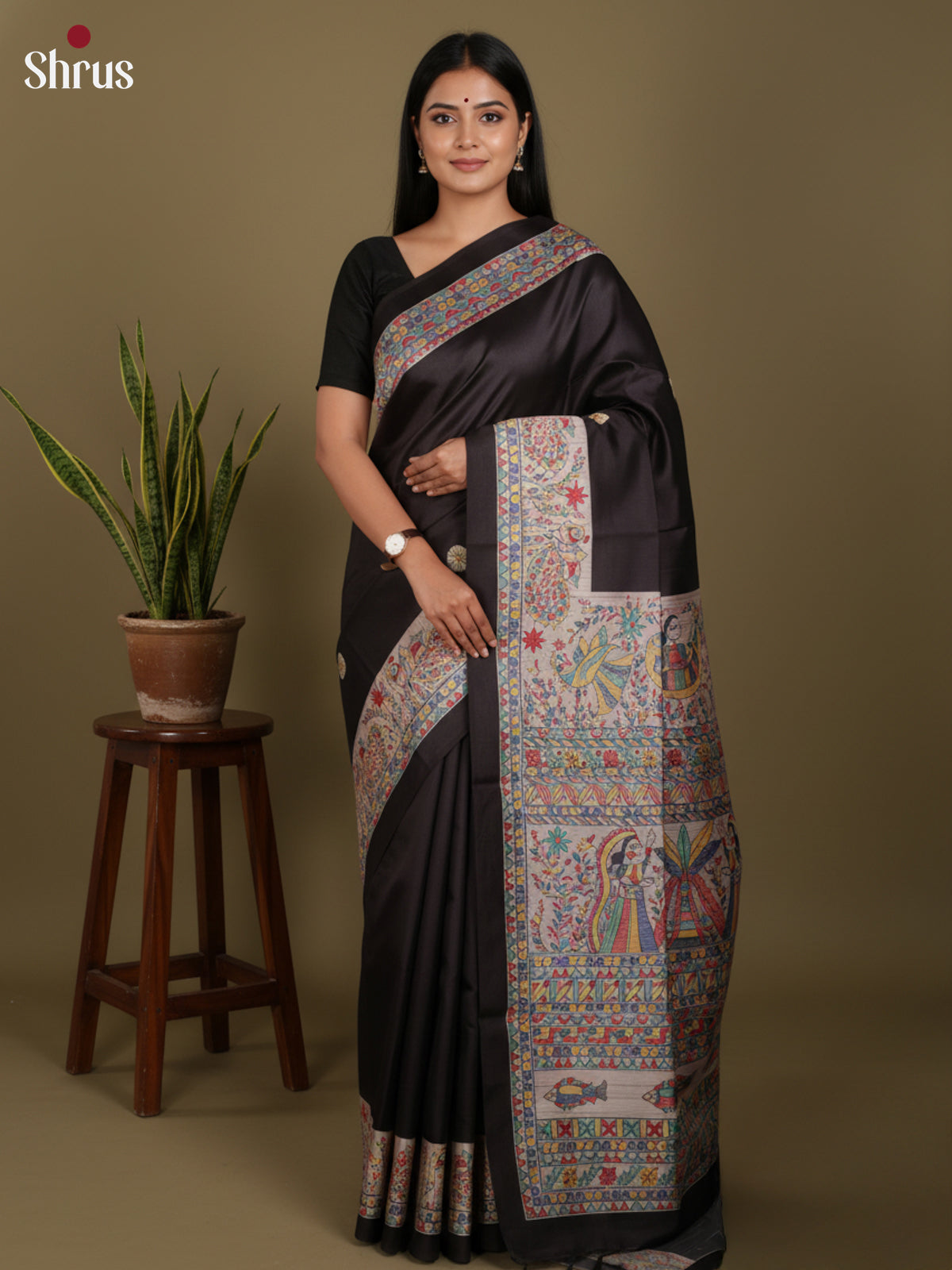 Black - Printed Madhubani Saree