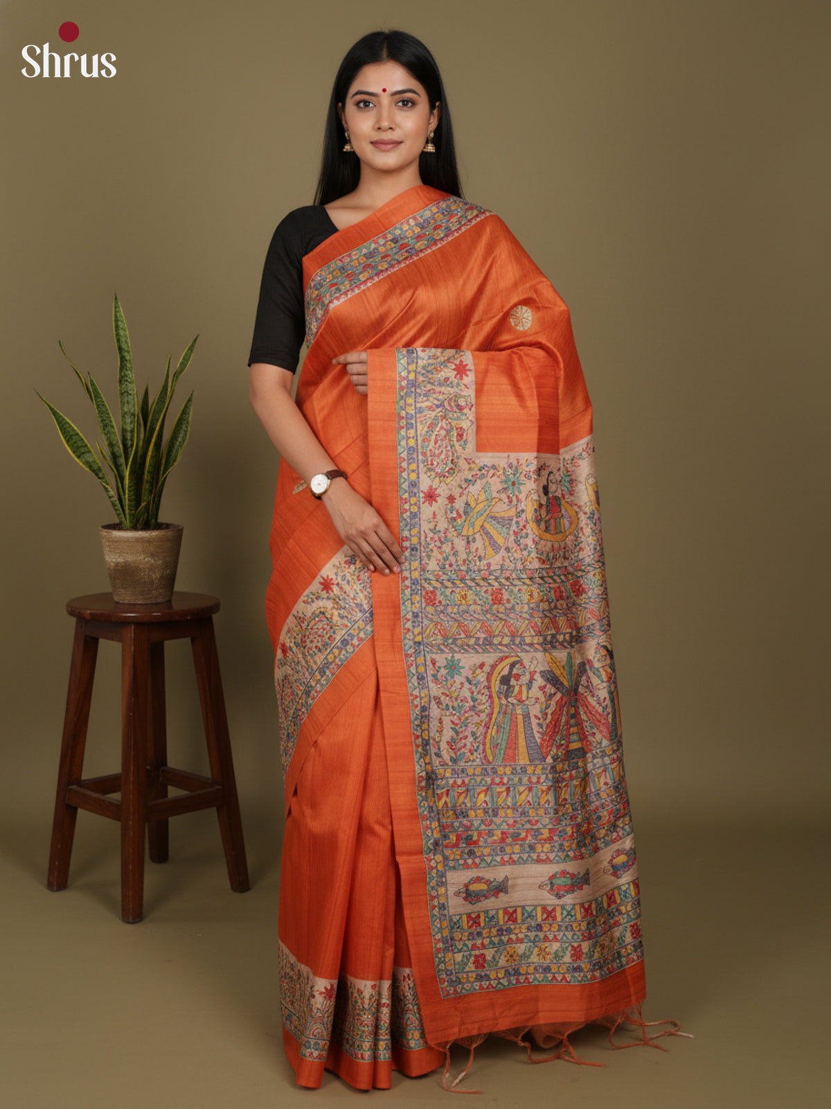 Orange & Cream- Printed Madhubani Saree - Shop on Shrus.com