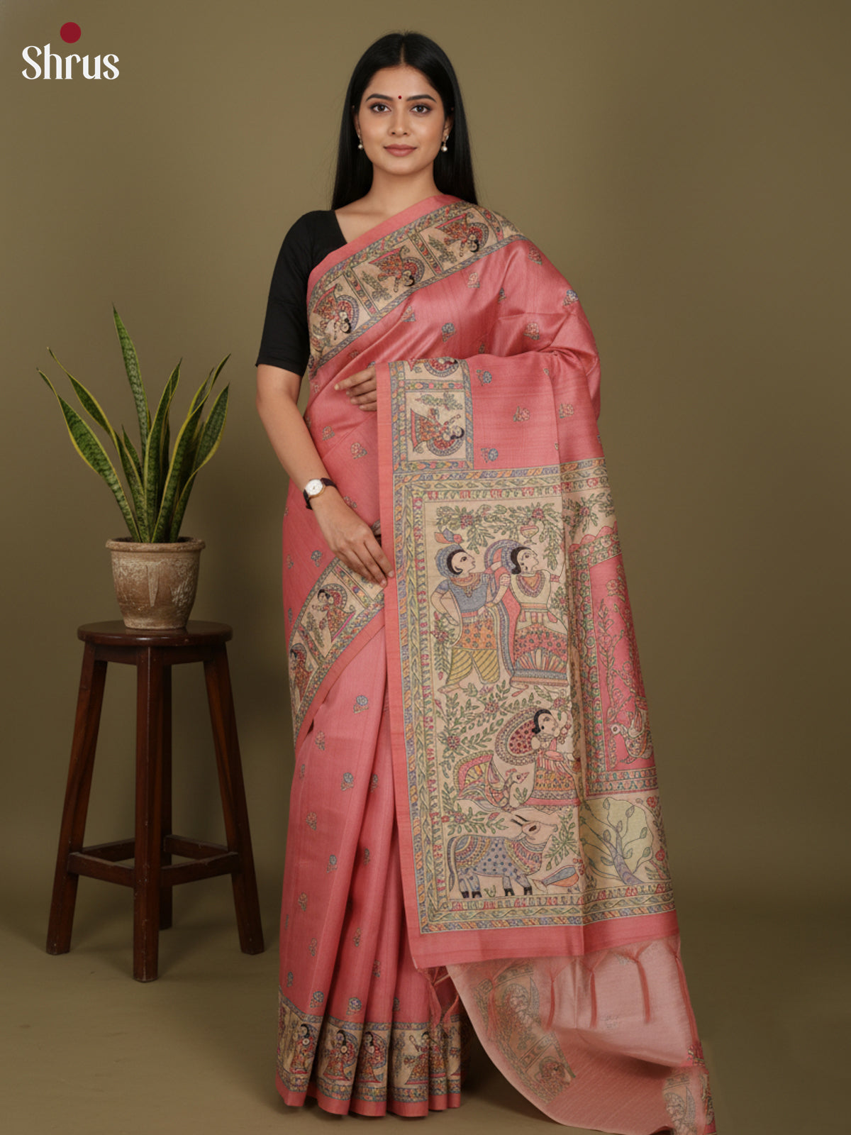 Pink & Cream- Printed Madhubani Saree - Shop on Shrus.com