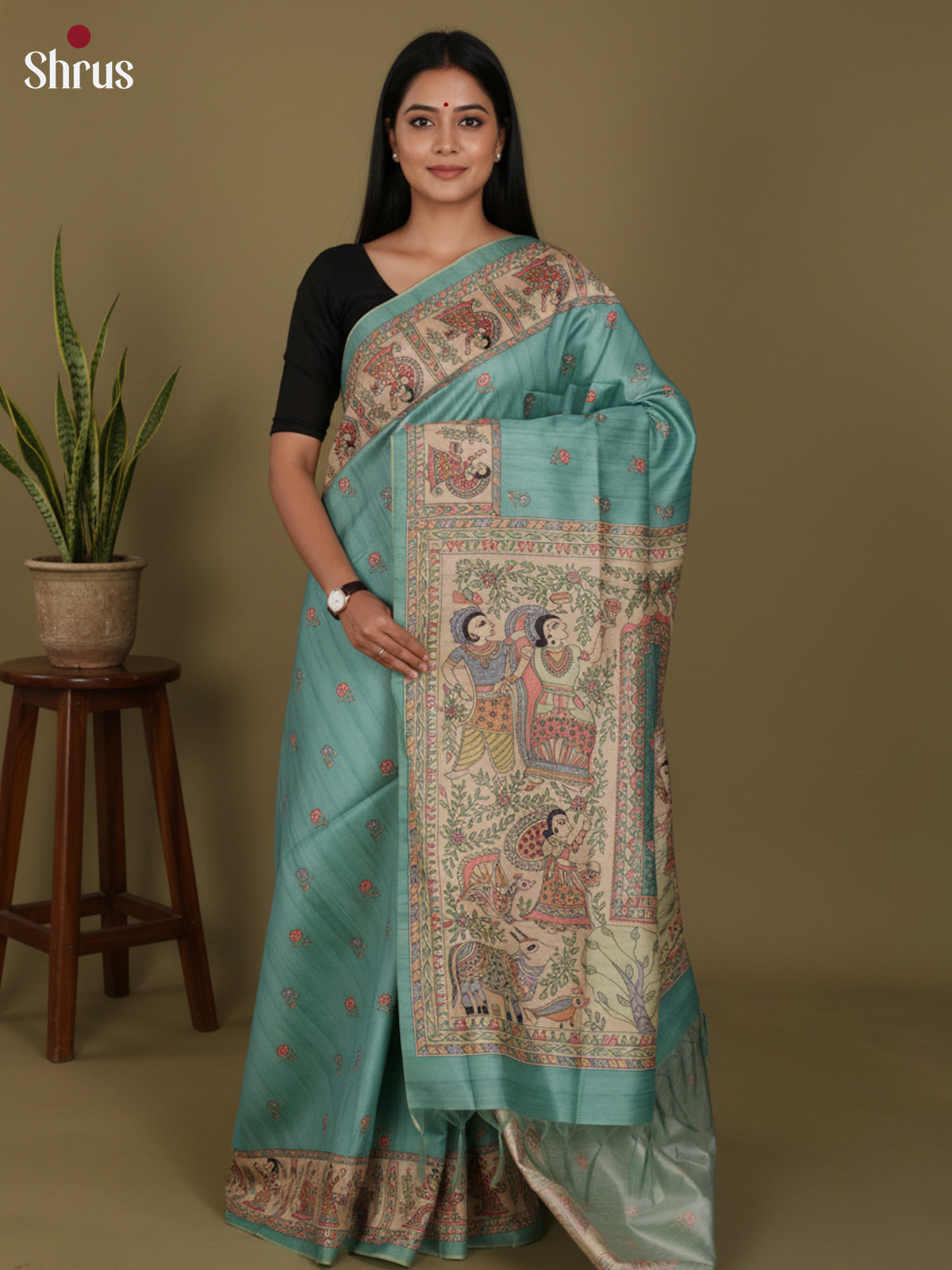 Pastel Blue & Cream - Printed Madhubani Saree - Shop on Shrus.com