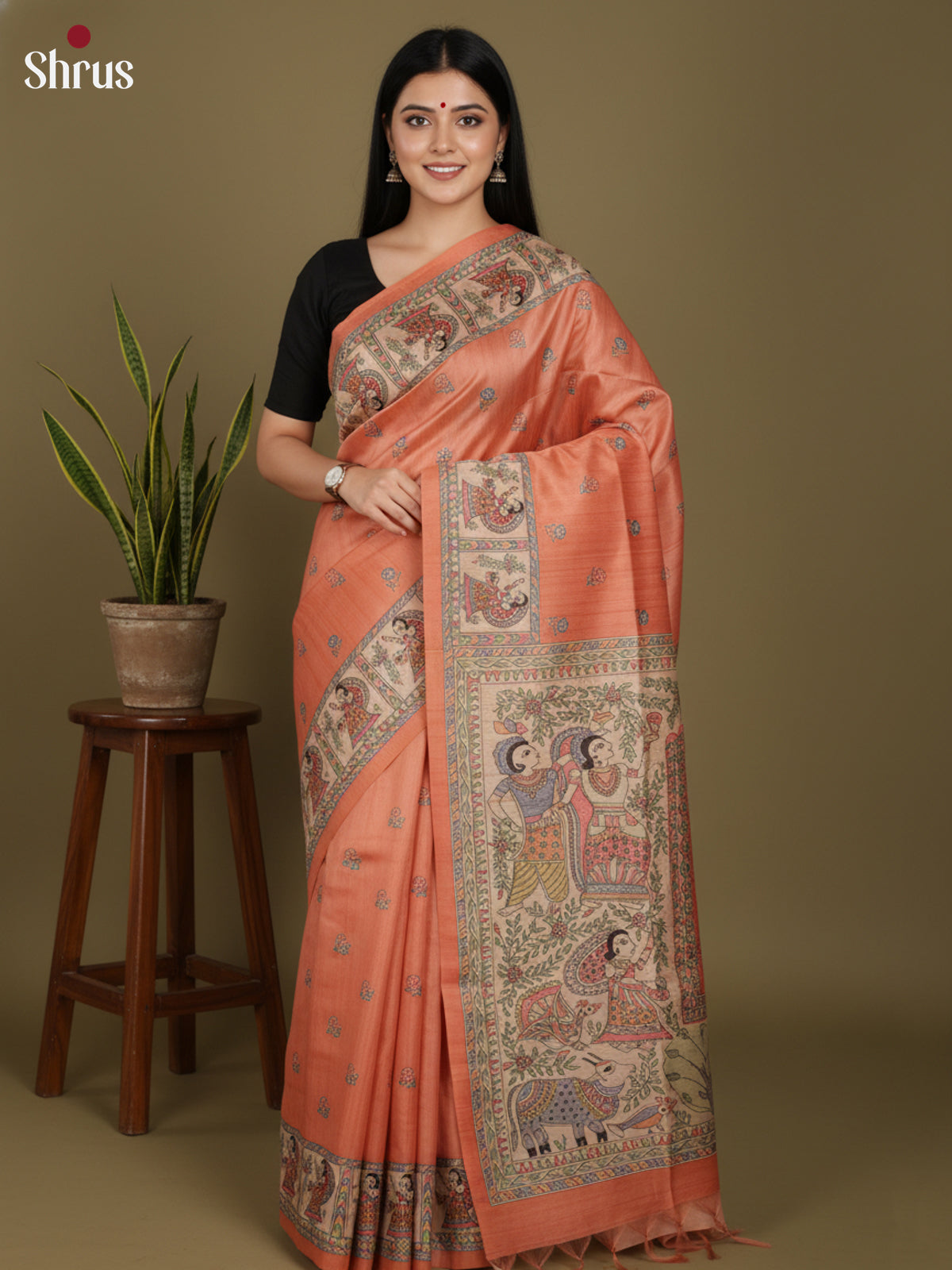 Orange & CREAM - Printed Madhubani Saree - Shop on Shrus.com
