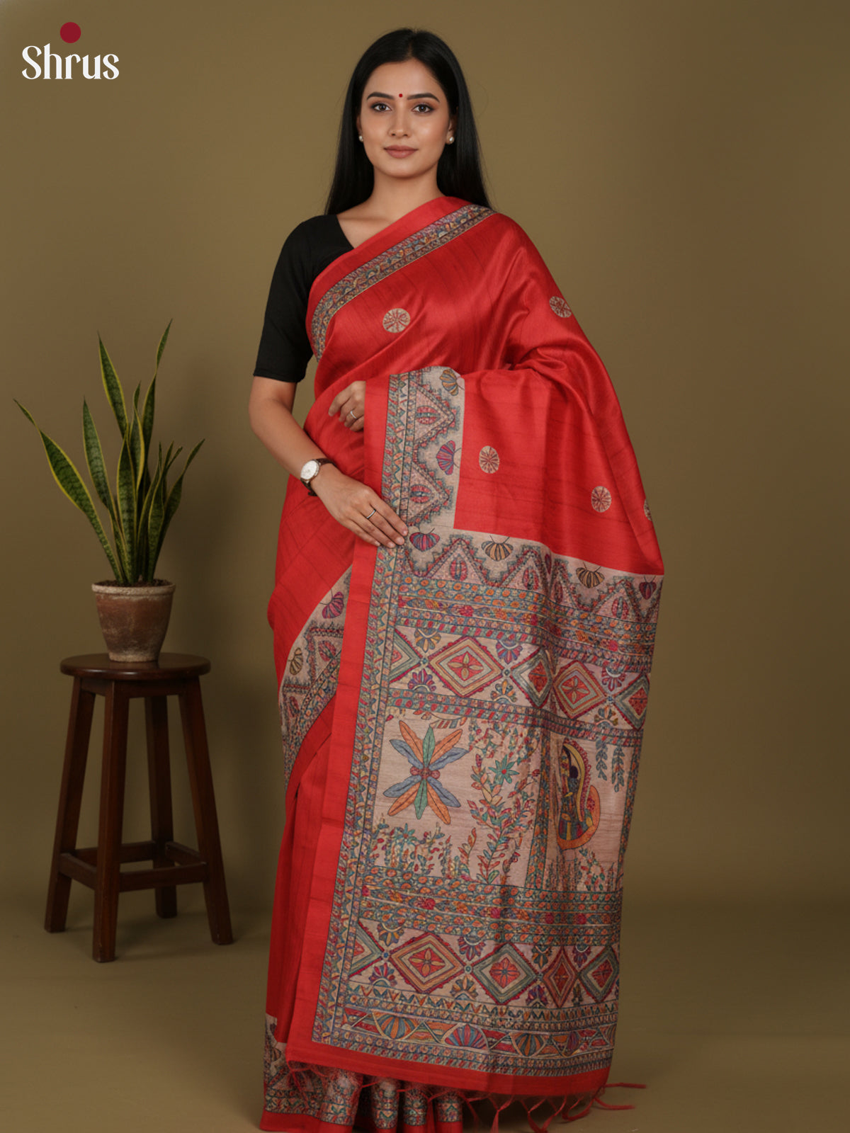 Red & Cream - Printed Madhubani Saree - Shop on Shrus.com
