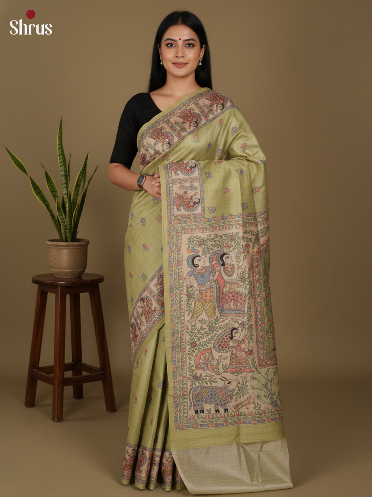 Green & Cream - Printed Madhubani Saree - Shop on Shrus.com
