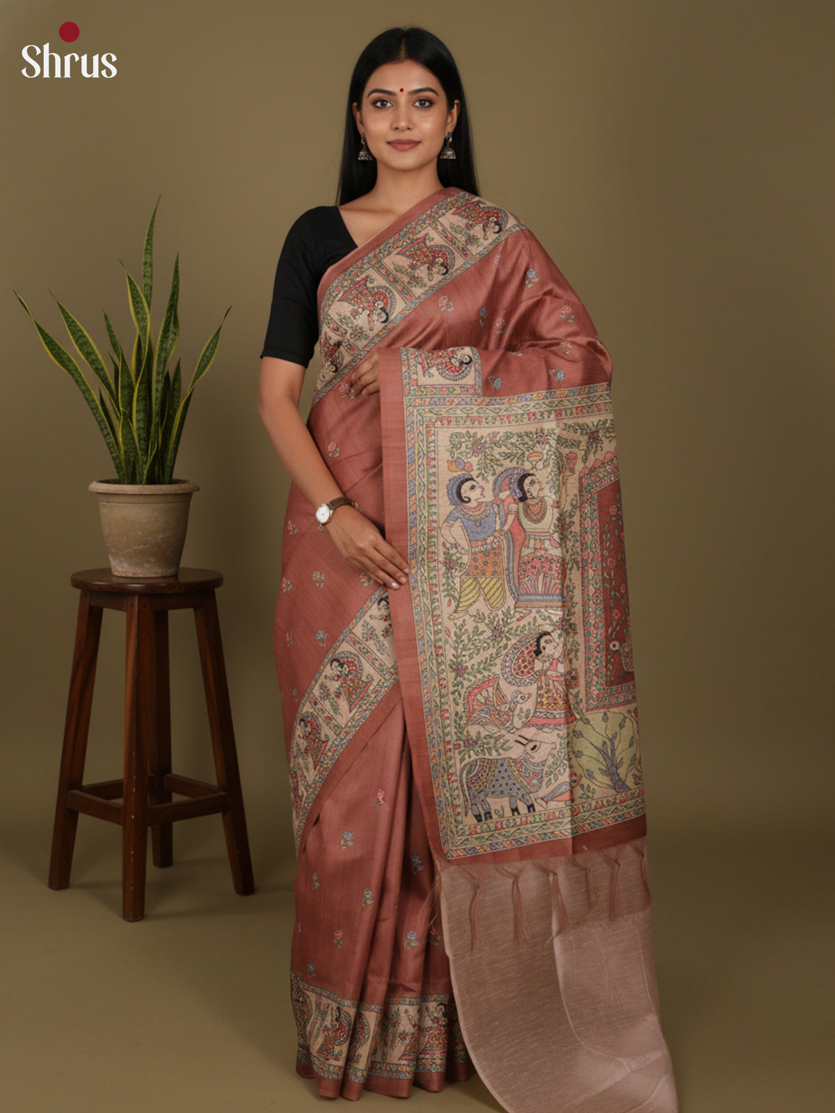 Brown & Cream - Printed Madhubani Saree - Shop on Shrus.com