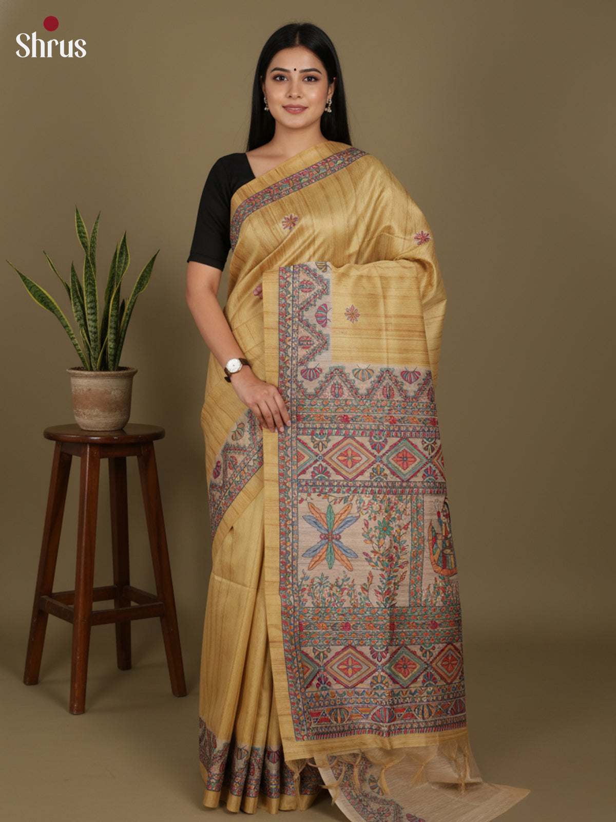 Green & Cream - Printed Madhubani Saree - Shop on Shrus.com
