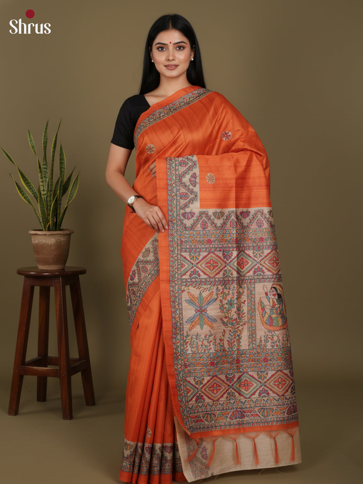 Orange & Cream - Printed Madhubani Saree - Shop on Shrus.com