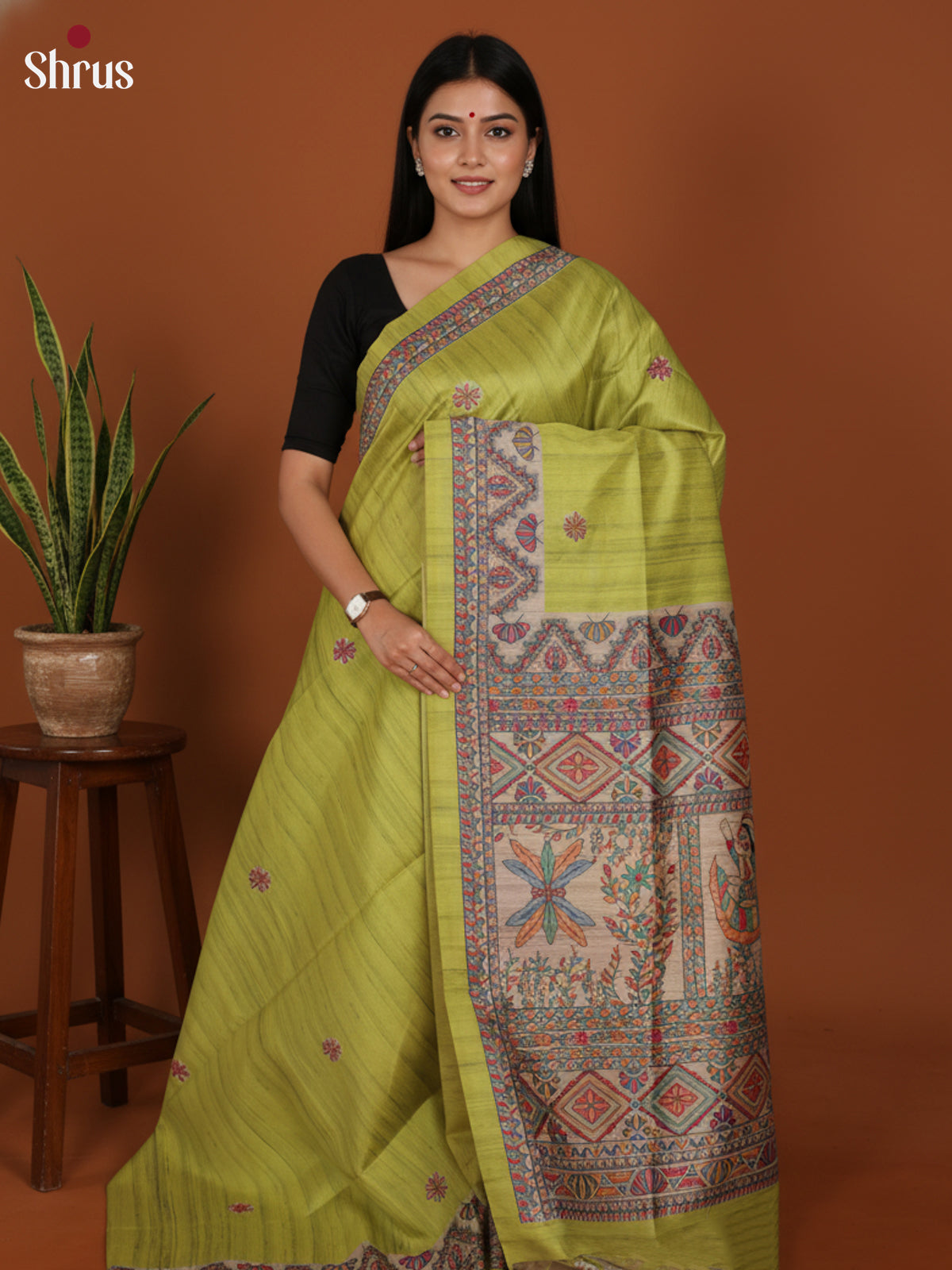 Green & Cream  - Printed Madhubani Saree - Shop on Shrus.com
