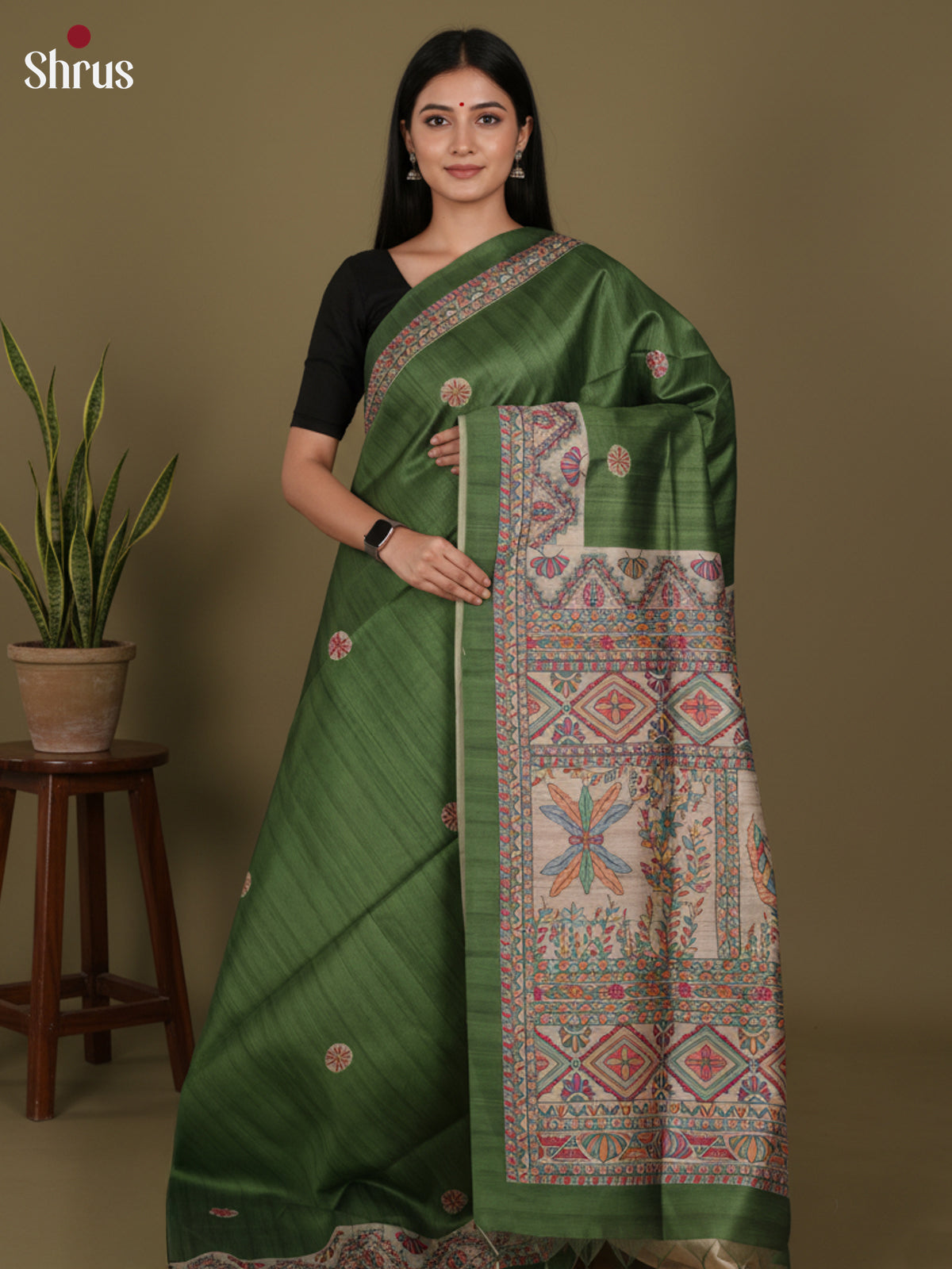 Green & Cream - Printed Madhubani Saree - Shop on Shrus.com