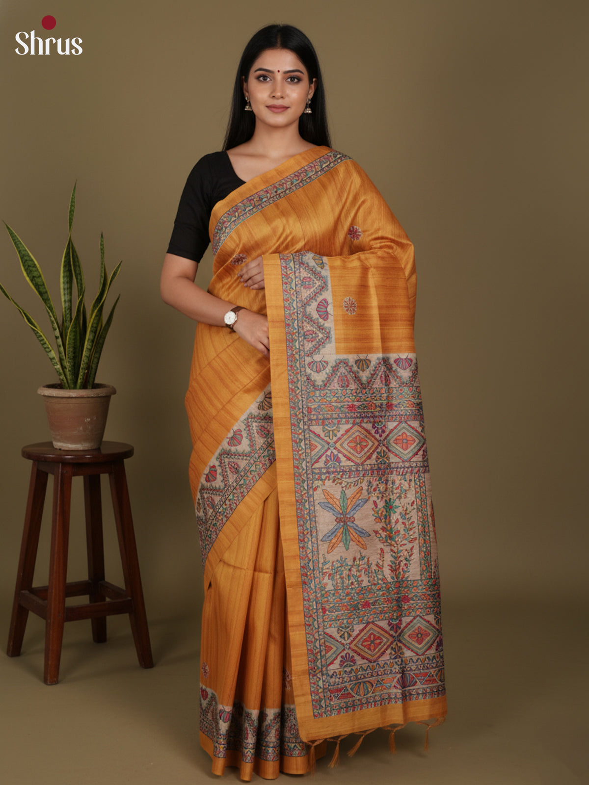 Orange & Cream- Printed Madhubani Saree - Shop on Shrus.com