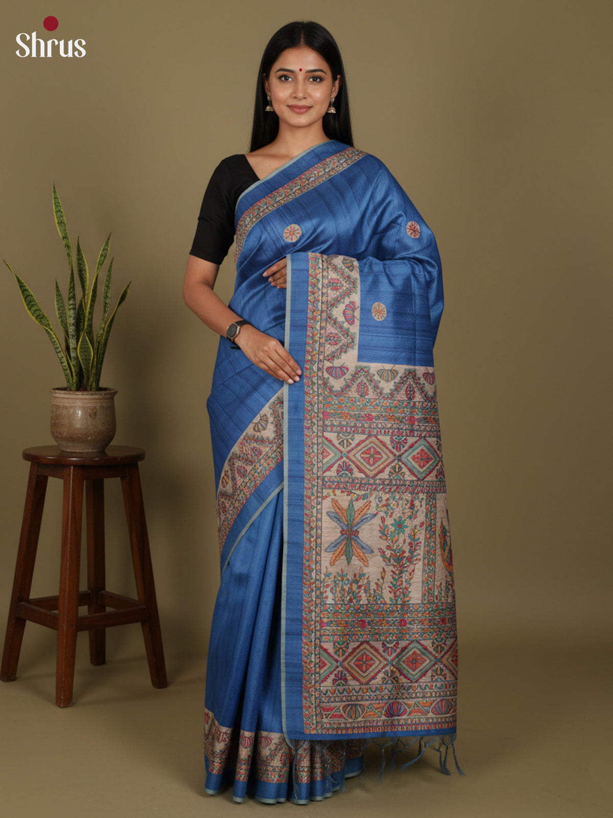 Blue & Cream - Printed Madhubani Saree - Shop on Shrus.com