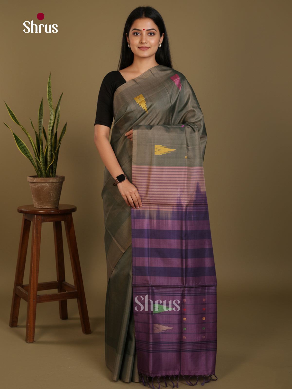 Grey & Blue - Banana Pith without blouse Saree