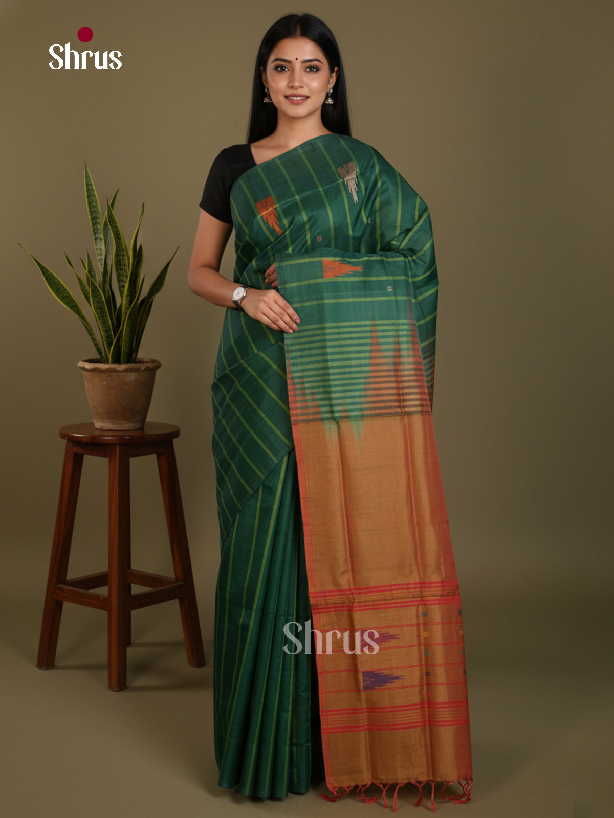 Green & Orange  - Banana Pith without blouse Saree - Shop on Shrus.com
