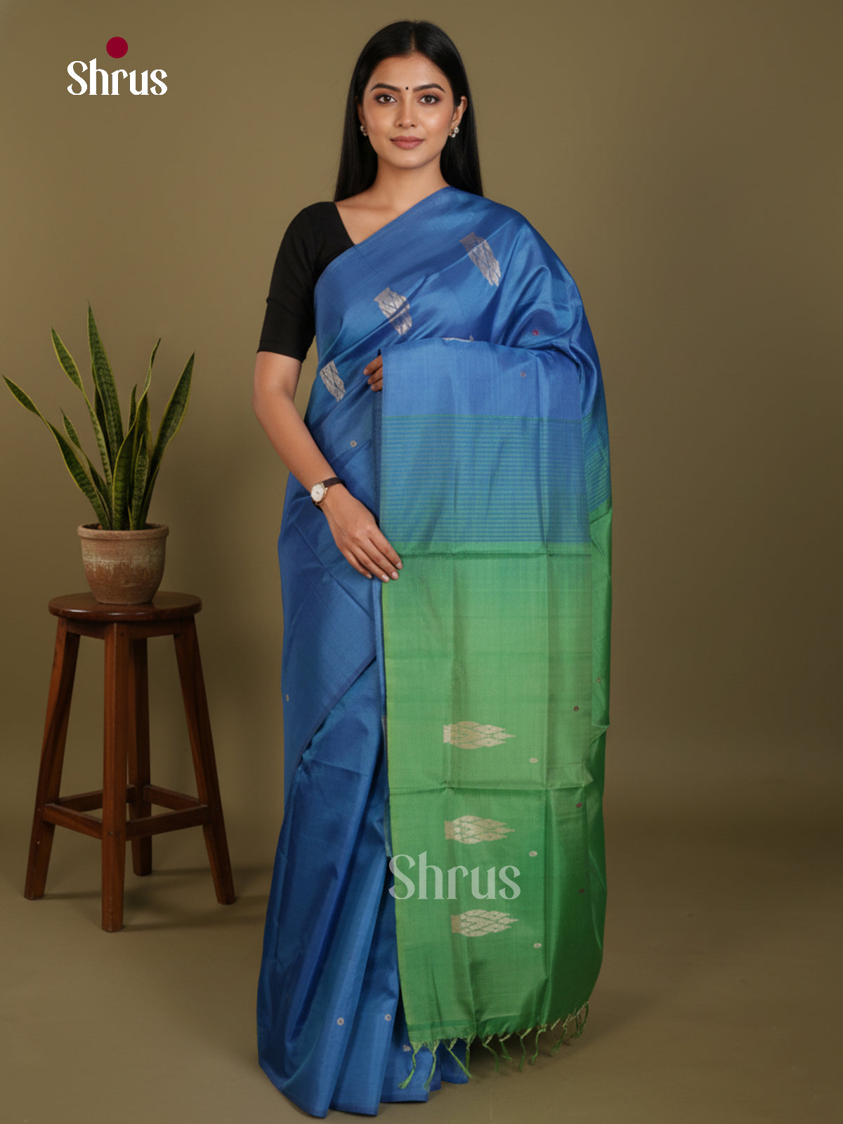 Blue & Green - Banana Pith without blouse Saree - Shop on Shrus.com