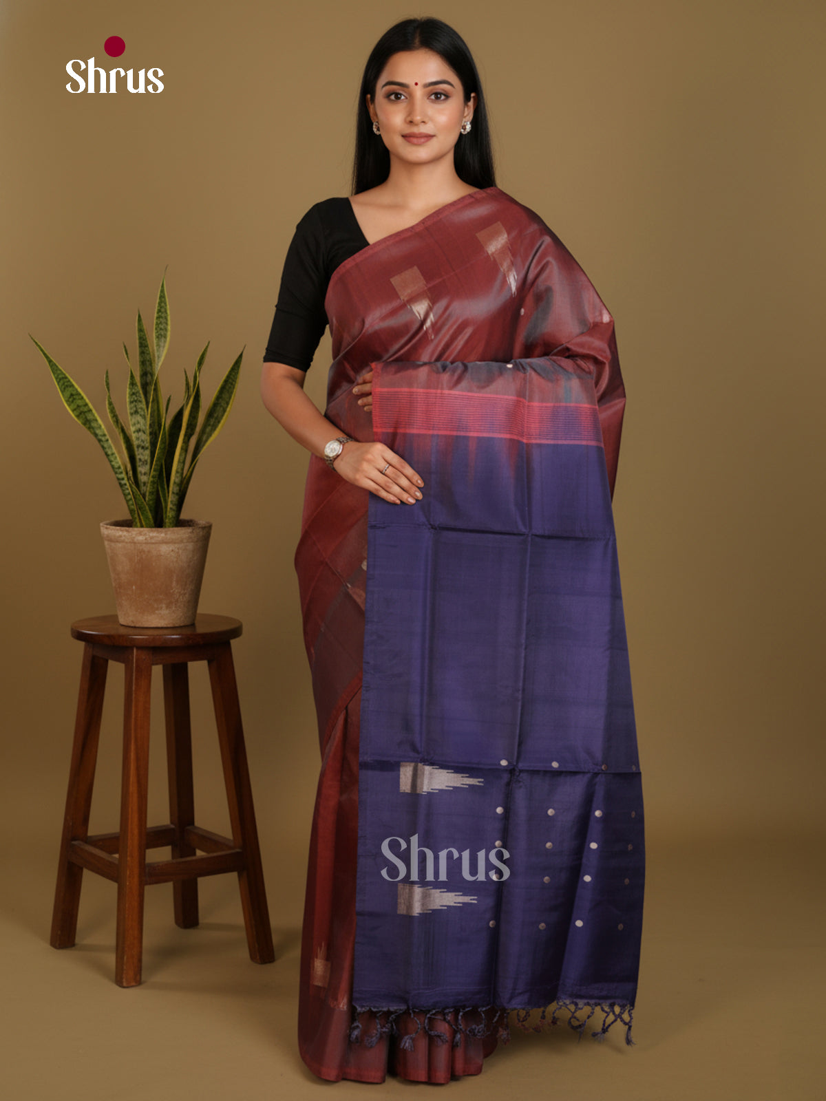 Brown & Blue - Banana Pith without blouse Saree