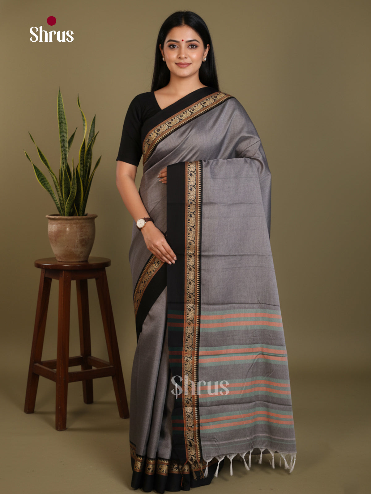 Grey & Black - Narayanpet Cotton Saree - Shop on Shrus.com
