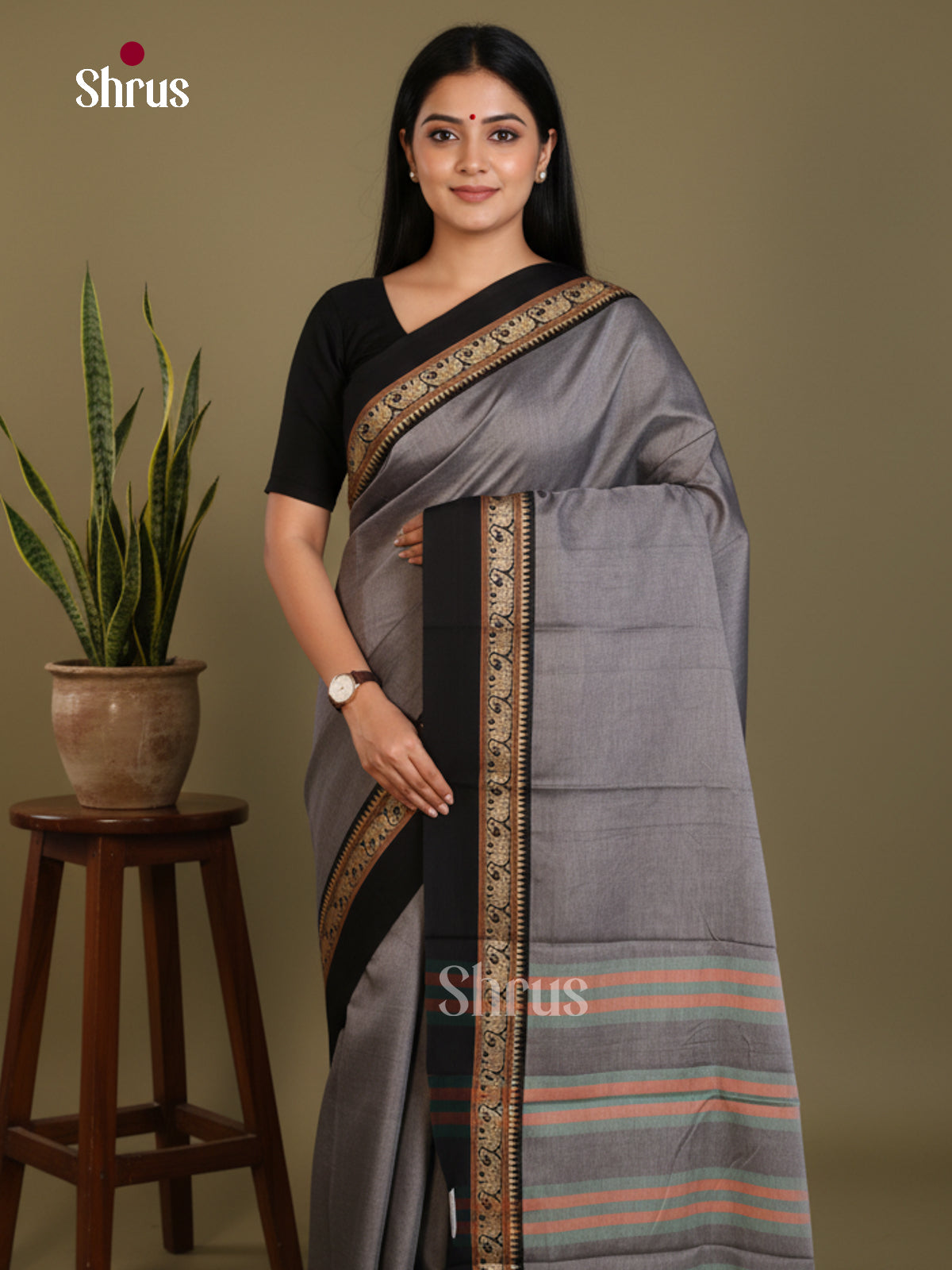 Grey & Black - Narayanpet Cotton Saree - Shop on Shrus.com