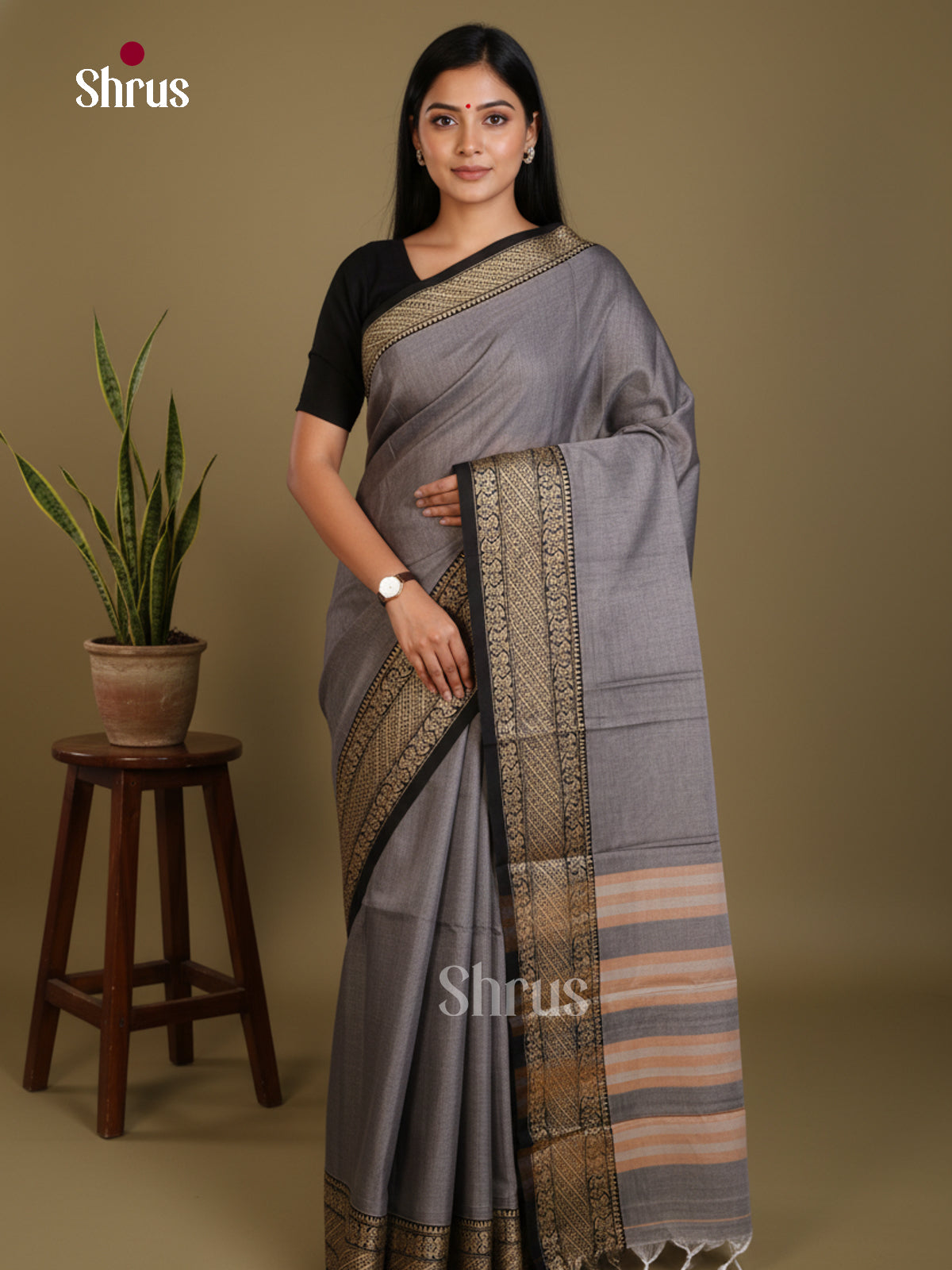 Grey & Black - Narayanpet Cotton Saree