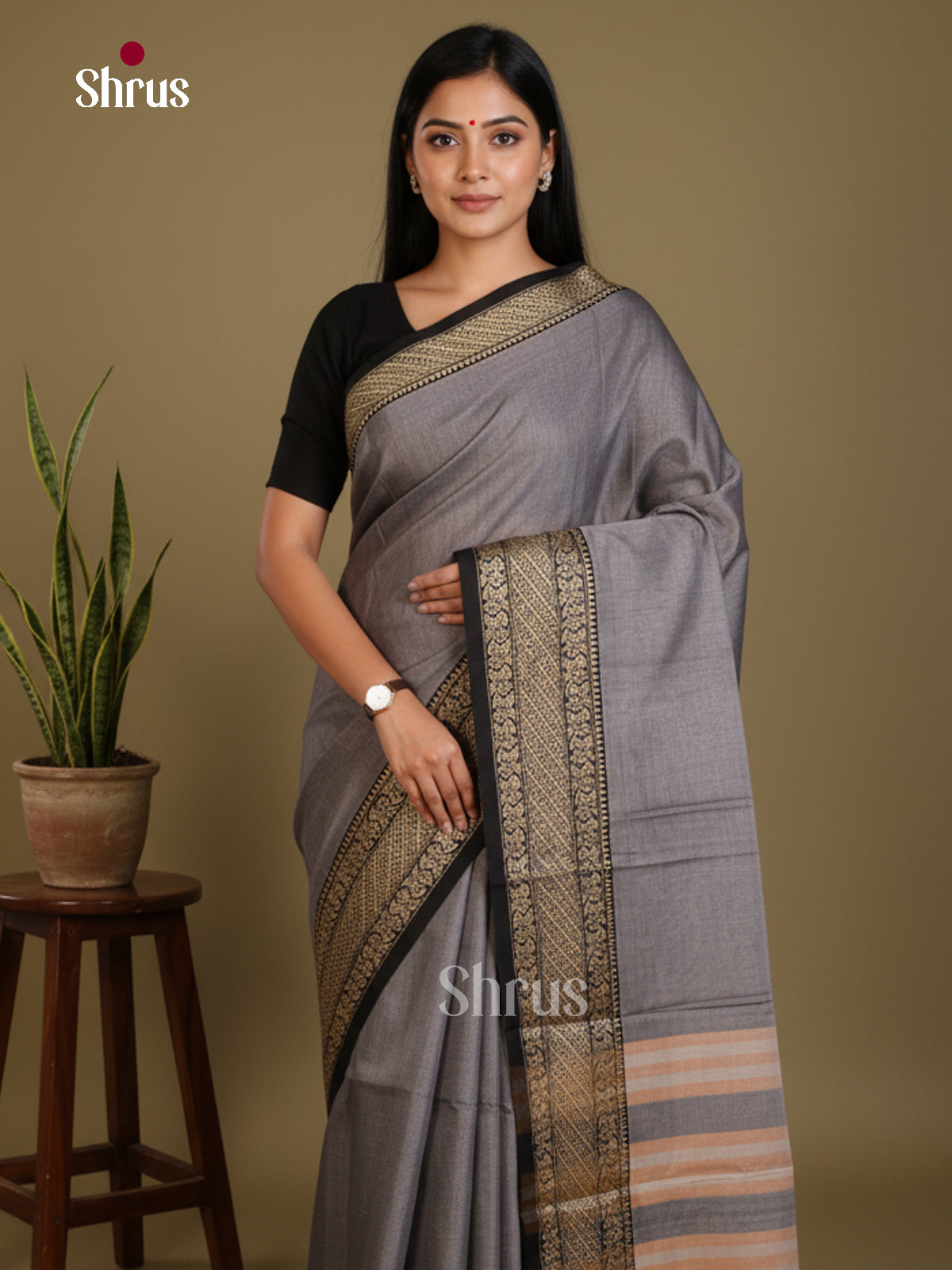 Grey & Black - Narayanpet Cotton Saree