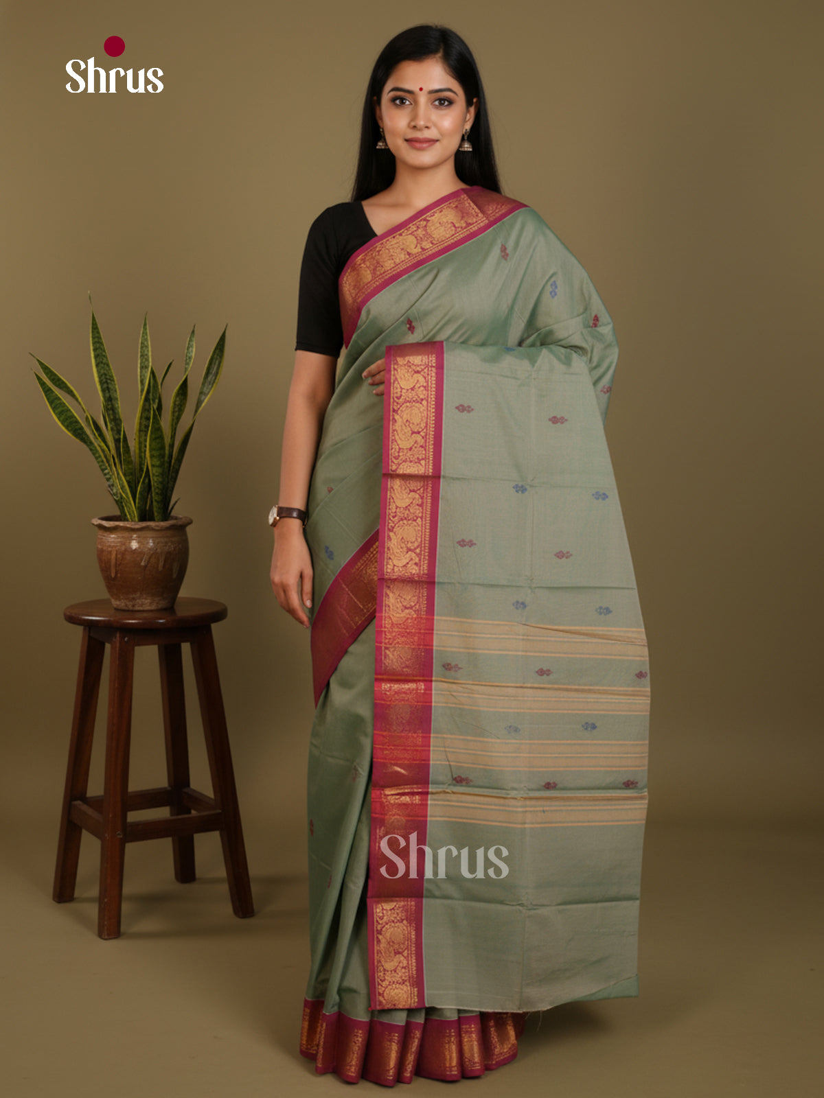 Grey Green & Maroon  - Chettinad Mix Cotton-Without Blouse Saree- DLS06015 - Shop on Shrus.com
