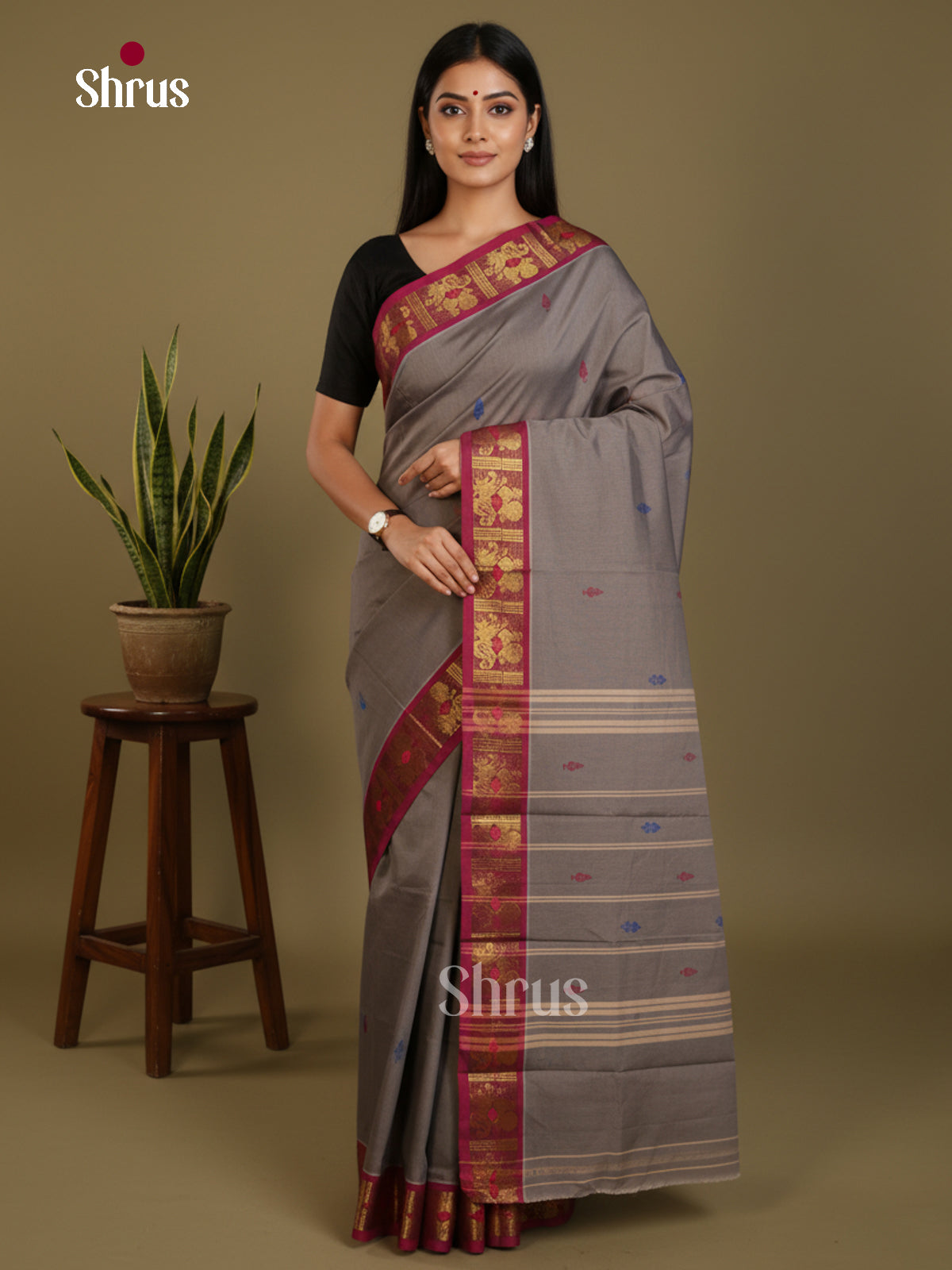 Grey & Maroon  - Chettinad Mix Cotton-Without Blouse Saree- DLS06018 - Shop on Shrus.com