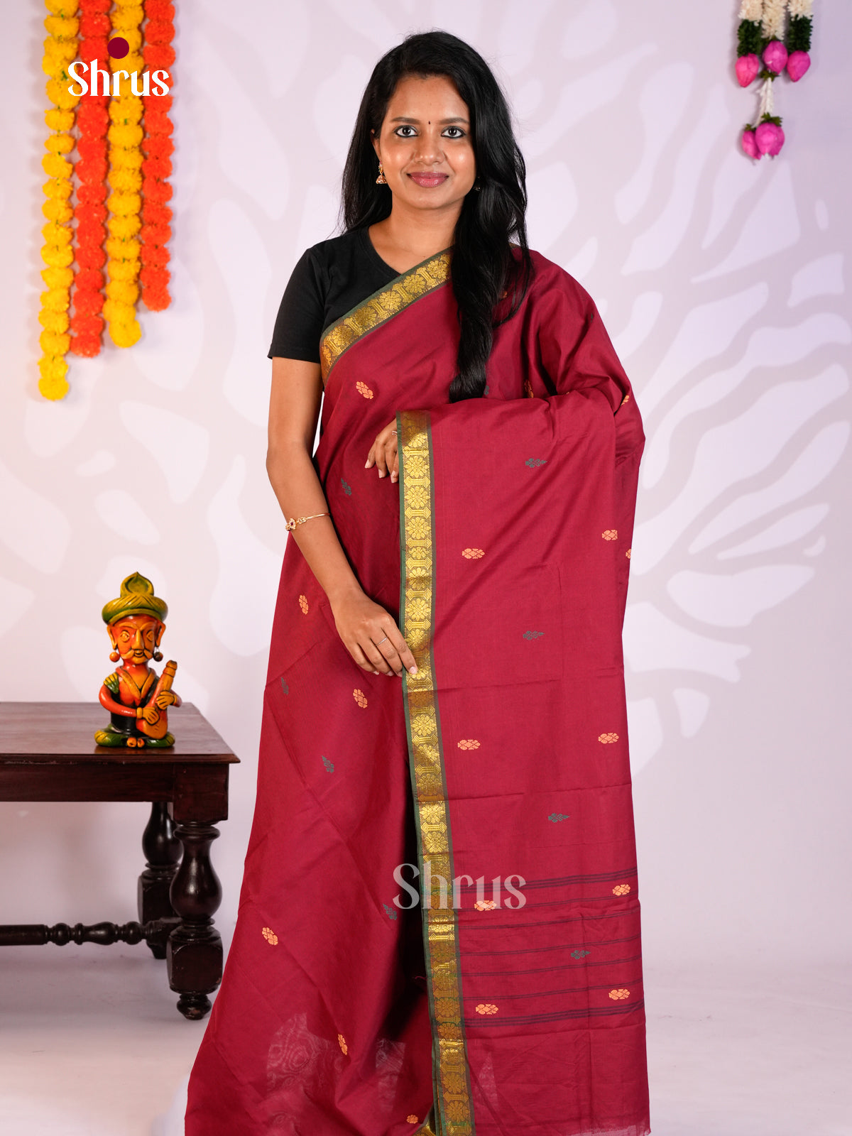Red & Green  - Chettinad Mix Cotton-Without Blouse Saree- DLS06024 - Shop on Shrus.com