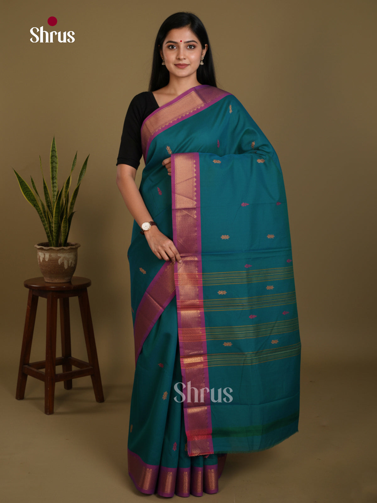 Peacock Green & Purple  - Chettinad Mix Cotton-Without Blouse Saree- DLS06027 - Shop on Shrus.com
