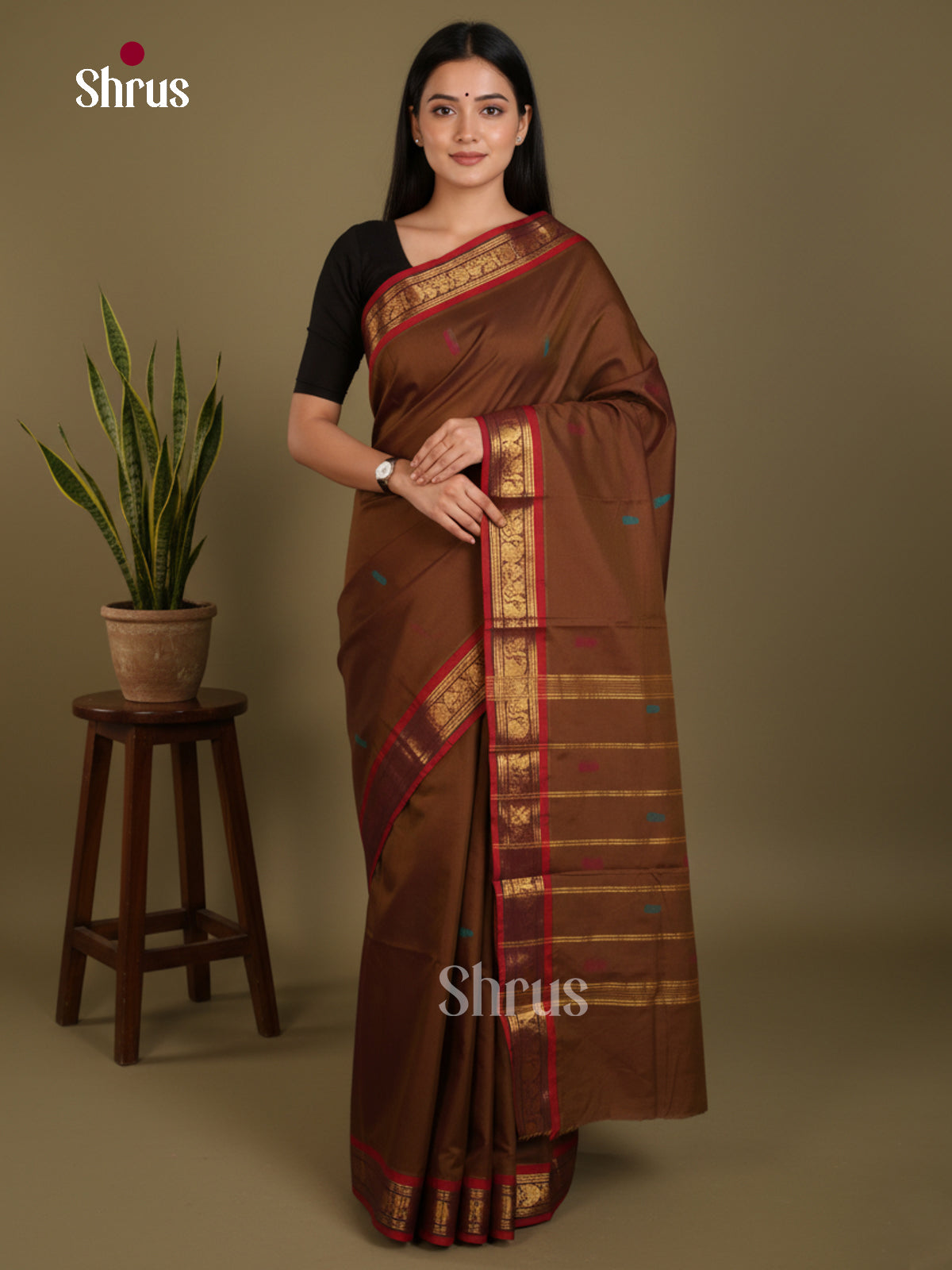Brown & Red- Chettinad Mix Cotton-Without Blouse Saree -DLS06039 - Shop on Shrus.com