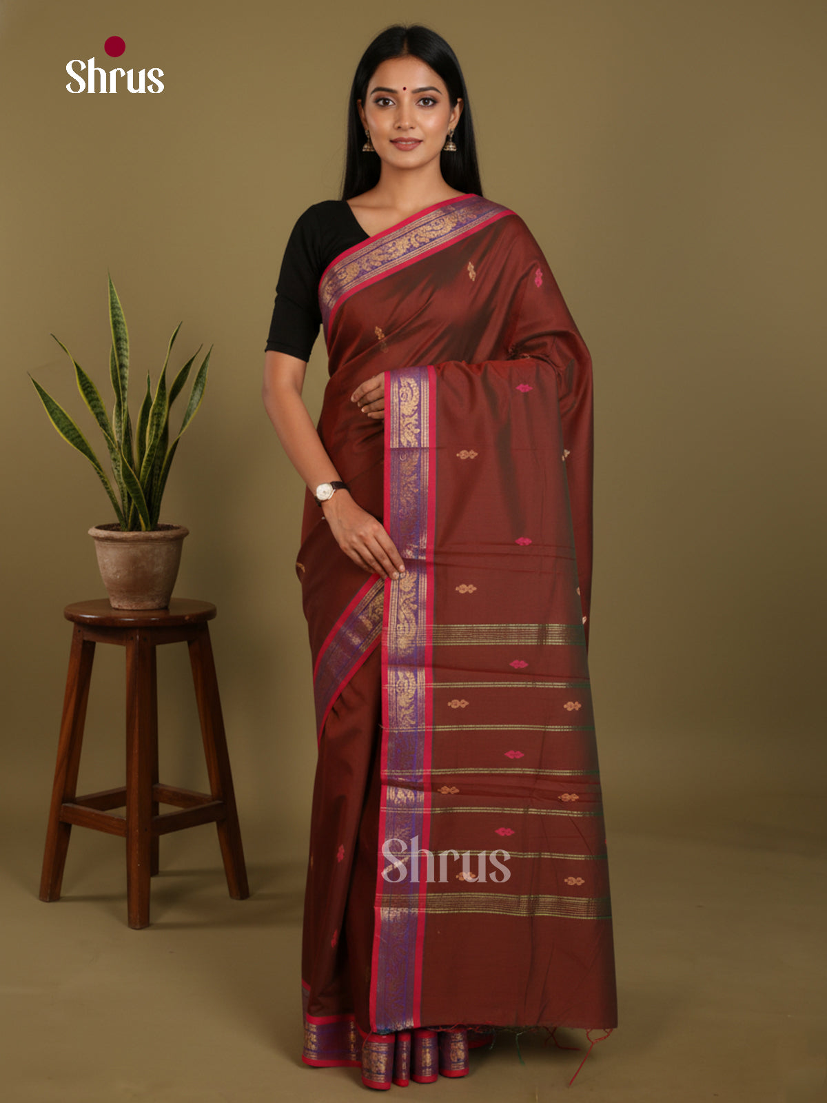 Brown & Red - Chettinad Mix Cotton-Without Blouse Saree- DLS06044 - Shop on Shrus.com