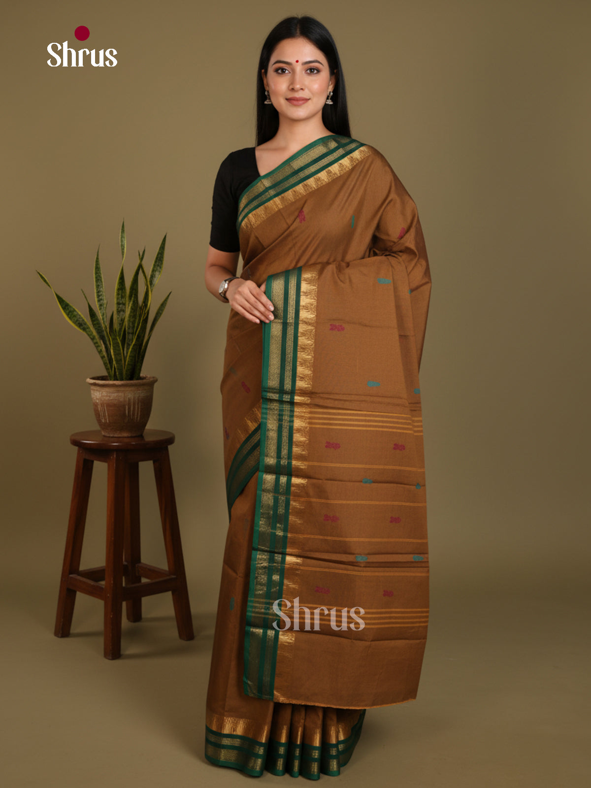 Mehandi & Green  - Chettinad Mix Cotton-Without Blouse Saree- DLS06045 - Shop on Shrus.com