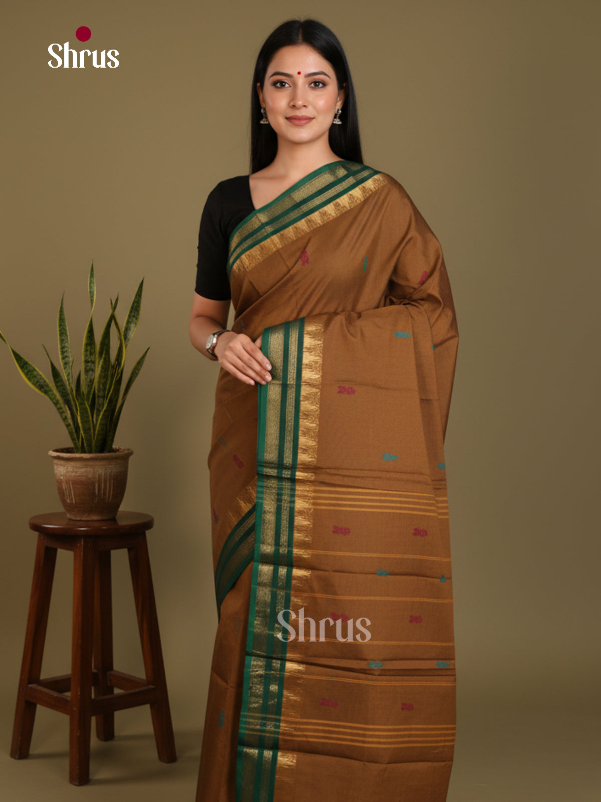 Mehandi & Green  - Chettinad Mix Cotton-Without Blouse Saree- DLS06045 - Shop on Shrus.com